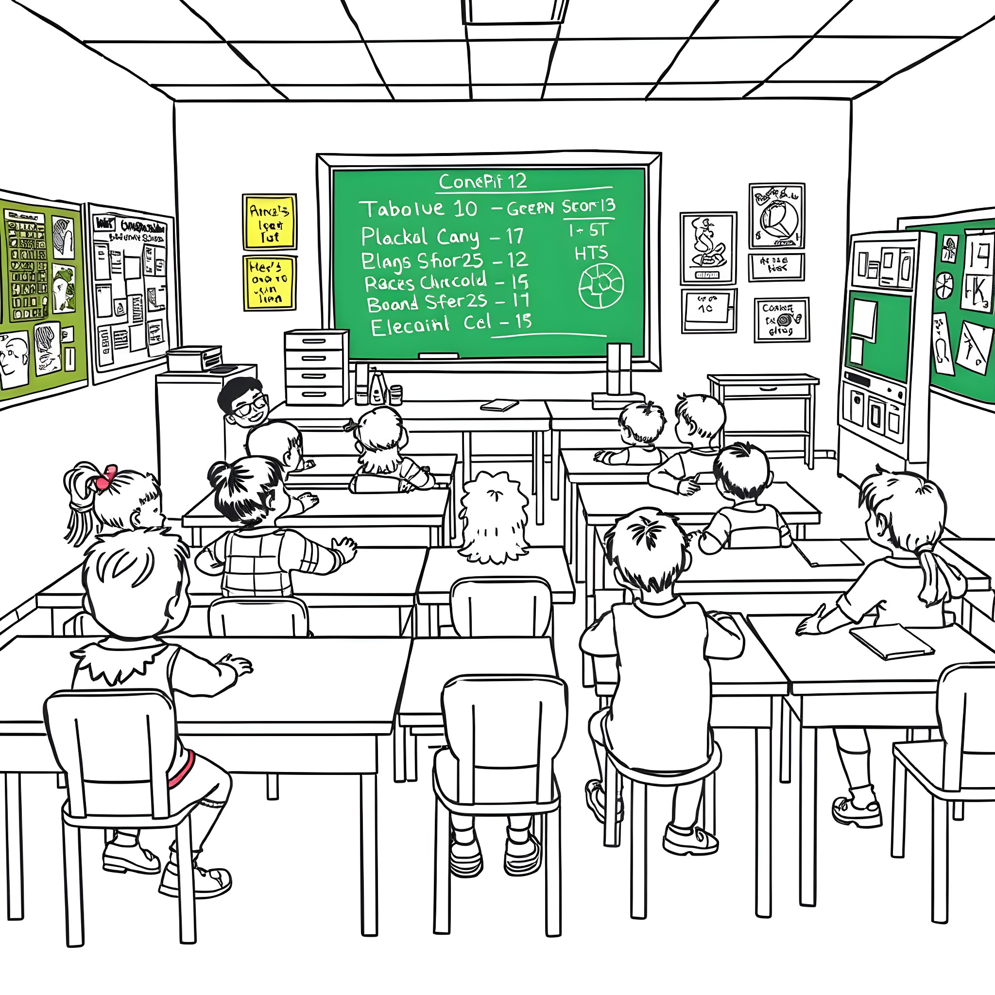 Child Learning in a Classroom Setting Coloring Page (free black-and-white line drawing printable PDF for all, from beginners to advanced learners, including children, teens, adults, and seniors)