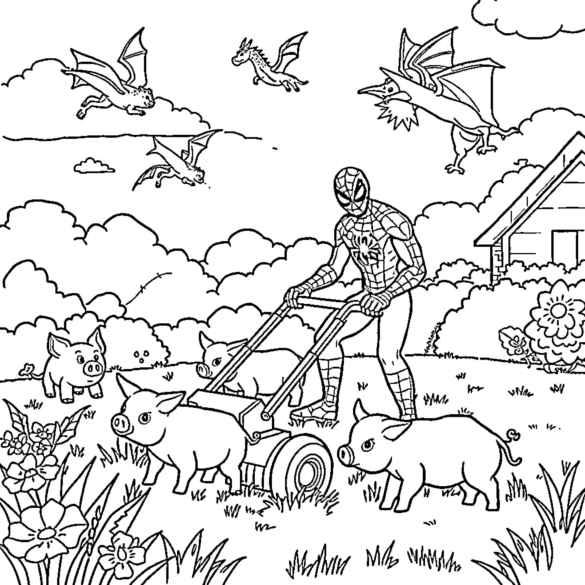 Spiderman exploring the enchanted forest with mythical creatures Coloring Page (free black-and-white line drawing printable PDF for all, from beginners to advanced learners, including children, teens, adults, and seniors)