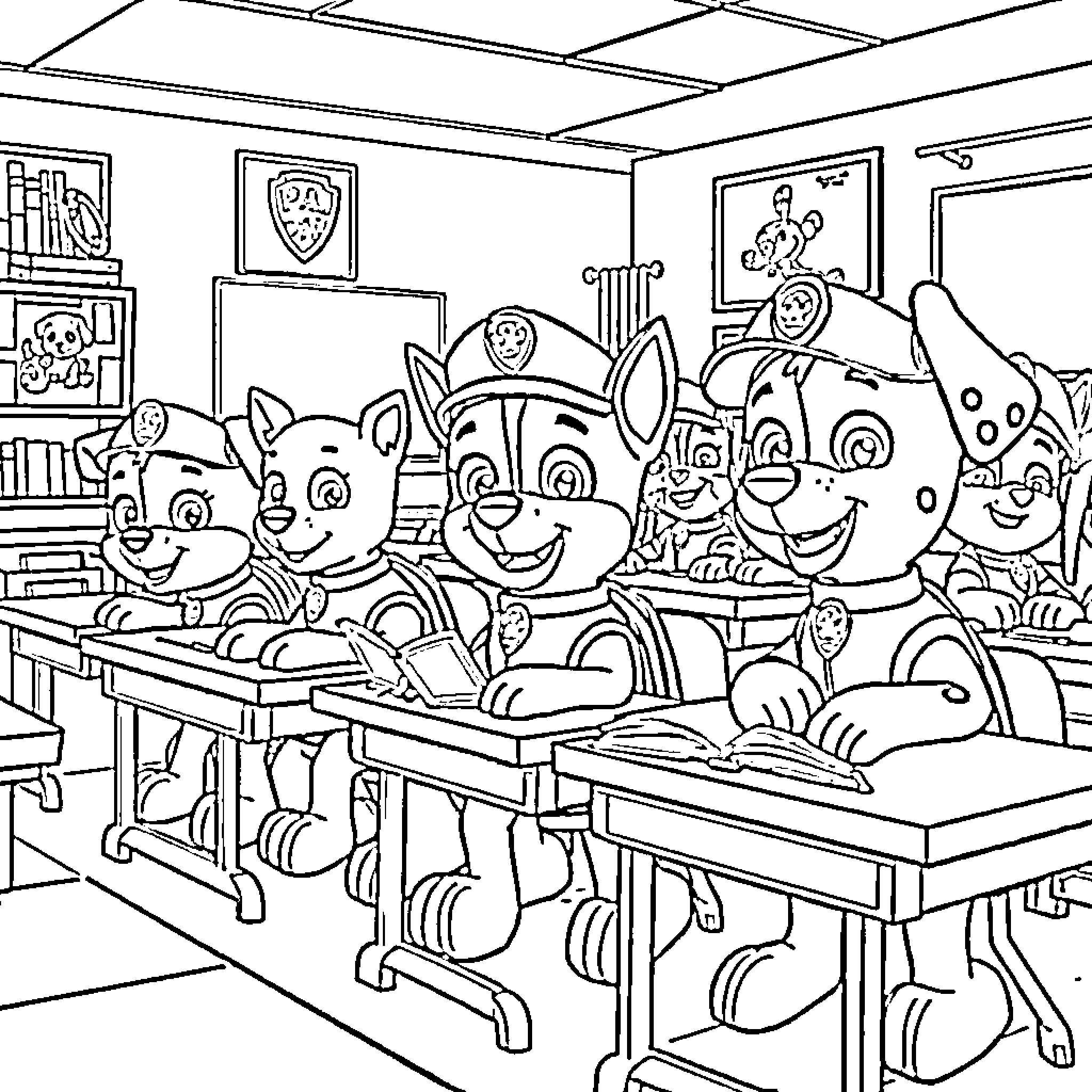Paw Patrol Classroom Adventure Coloring Page (free black-and-white line drawing printable PDF for all, from beginners to advanced learners, including children, teens, adults, and seniors)