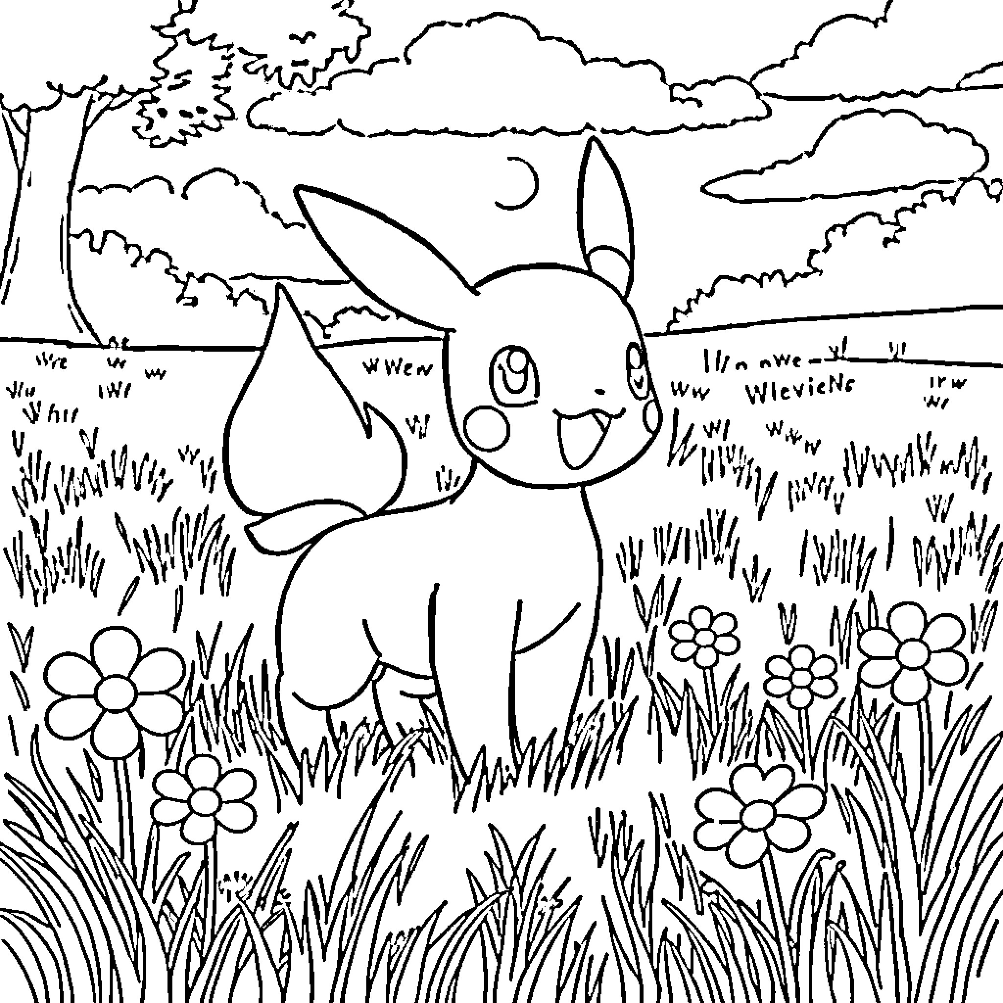 Pokémon character exploring the outdoor nature scene Coloring Page (free black-and-white line drawing printable PDF for all, from beginners to advanced learners, including children, teens, adults, and seniors)