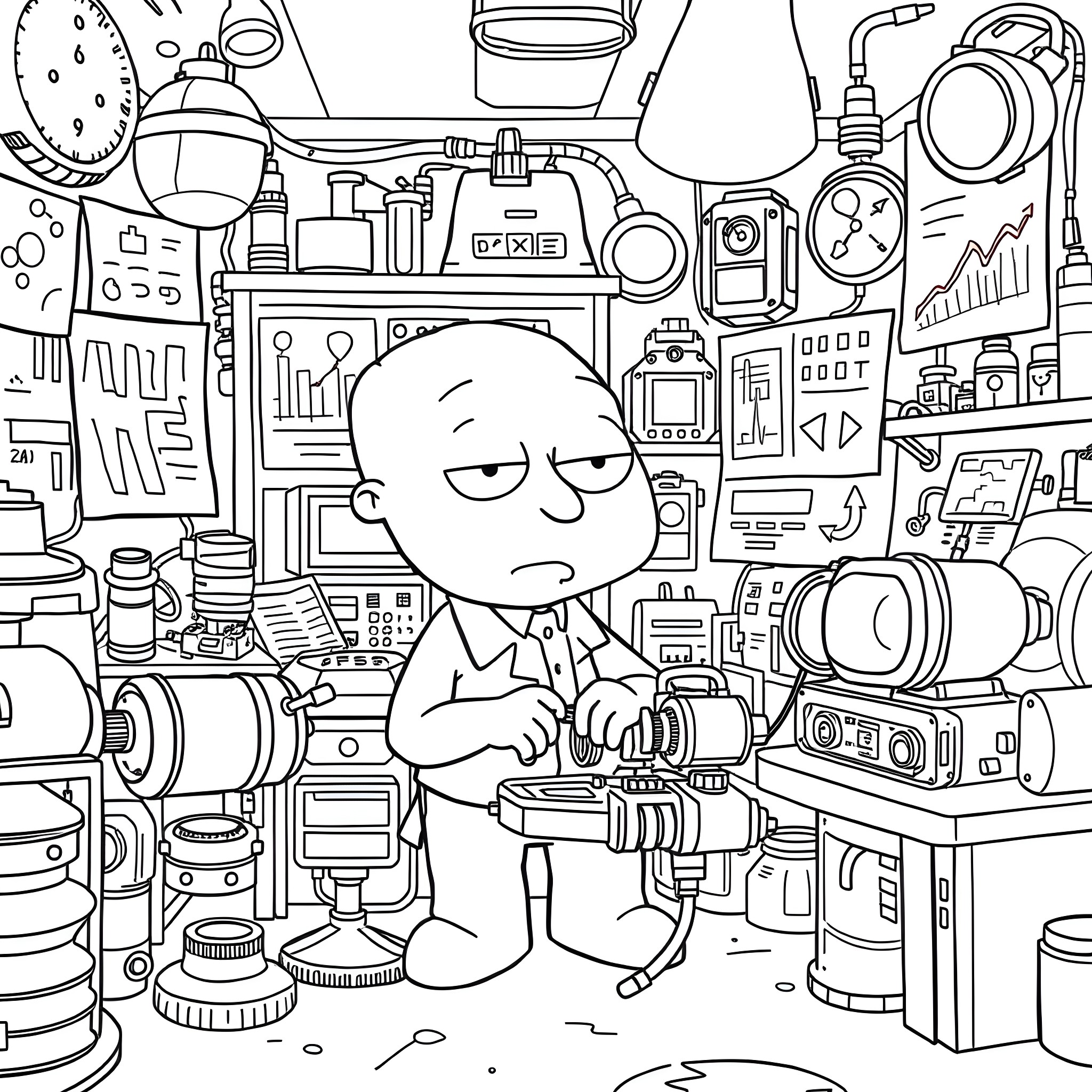 Stewie Griffin surrounded by scientific equipment and gadgets Coloring Page (free black-and-white line drawing printable PDF for all, from beginners to advanced learners, including children, teens, adults, and seniors)