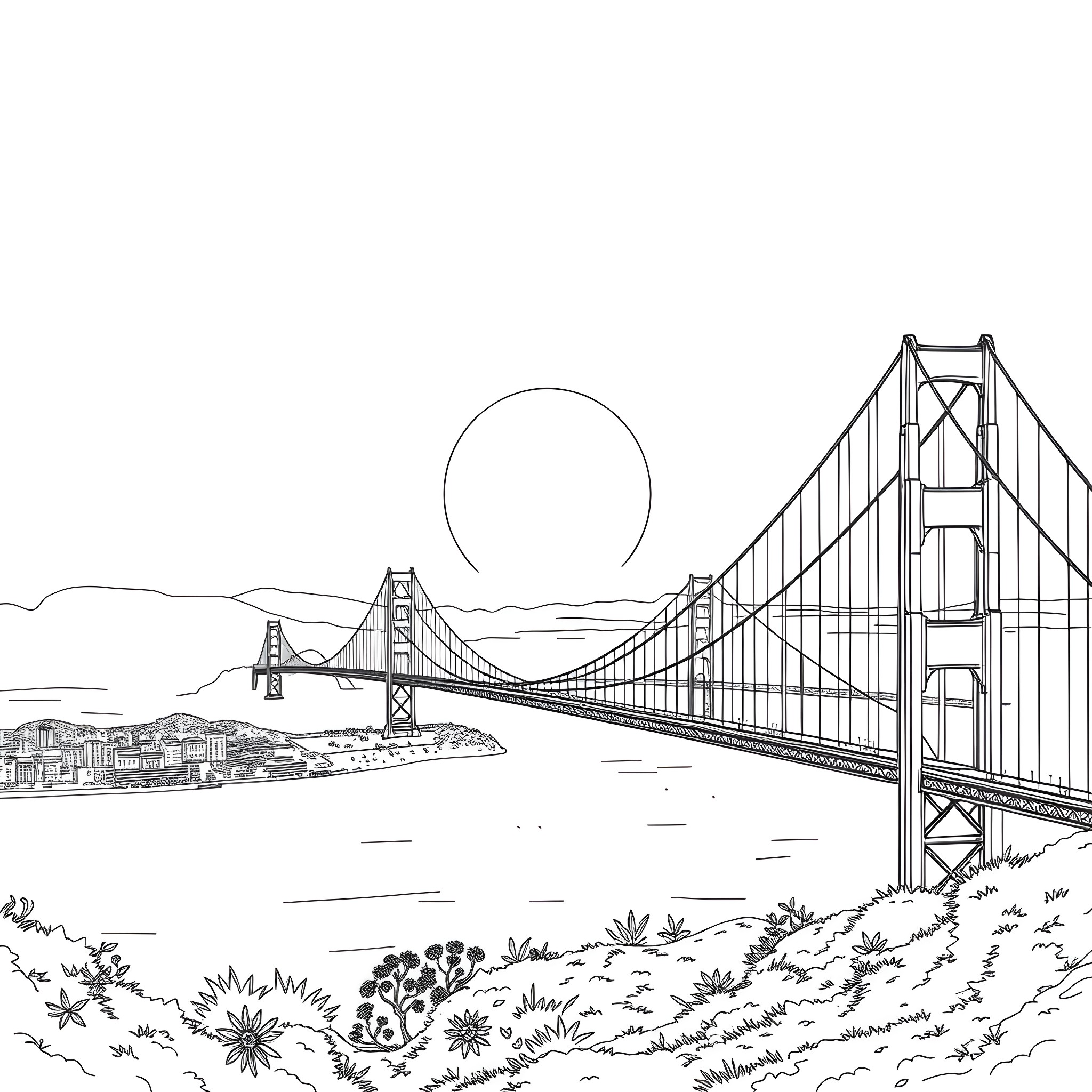 Sunrise over the iconic Golden Gate Bridge Coloring Page (free black-and-white line drawing printable PDF for all, from beginners to advanced learners, including children, teens, adults, and seniors)