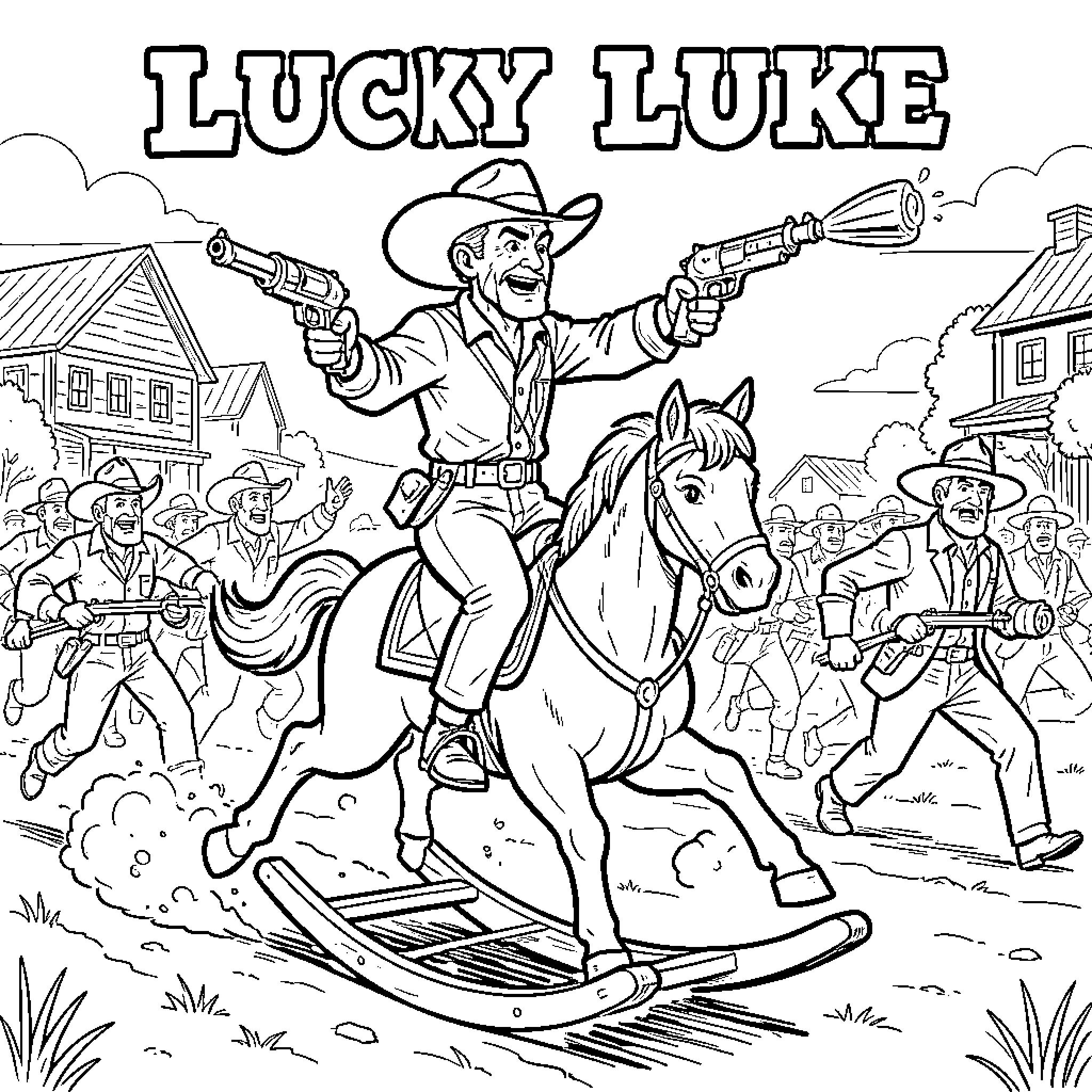 Lucky Luke riding a rocking horse with pistols Coloring Page (free black-and-white line drawing printable PDF for all, from beginners to advanced learners, including children, teens, adults, and seniors)