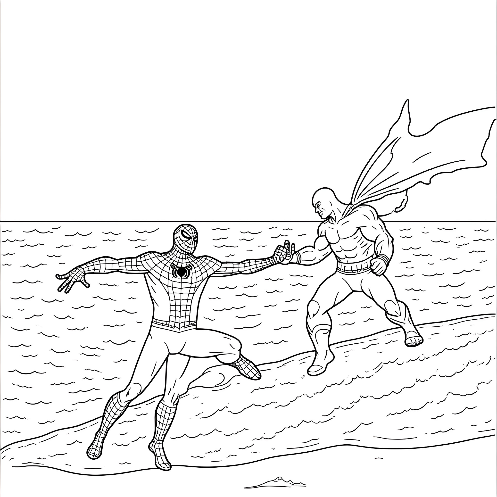Superhero Showdown in the Waves Coloring Page (free black-and-white line drawing printable PDF for all, from beginners to advanced learners, including children, teens, adults, and seniors)