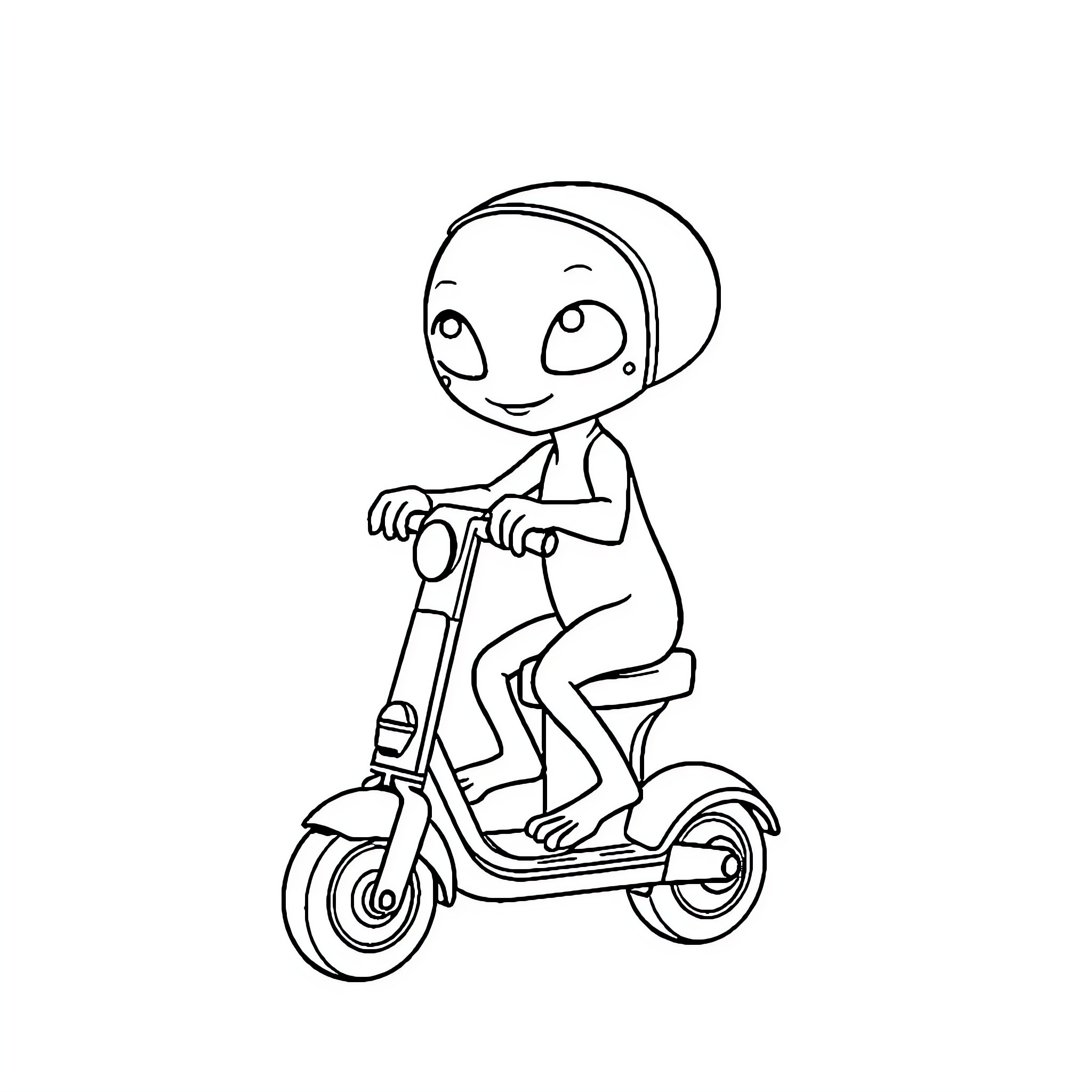 Alien riding a scooter with joy Coloring Page (free black-and-white line drawing printable PDF for all, from beginners to advanced learners, including children, teens, adults, and seniors)