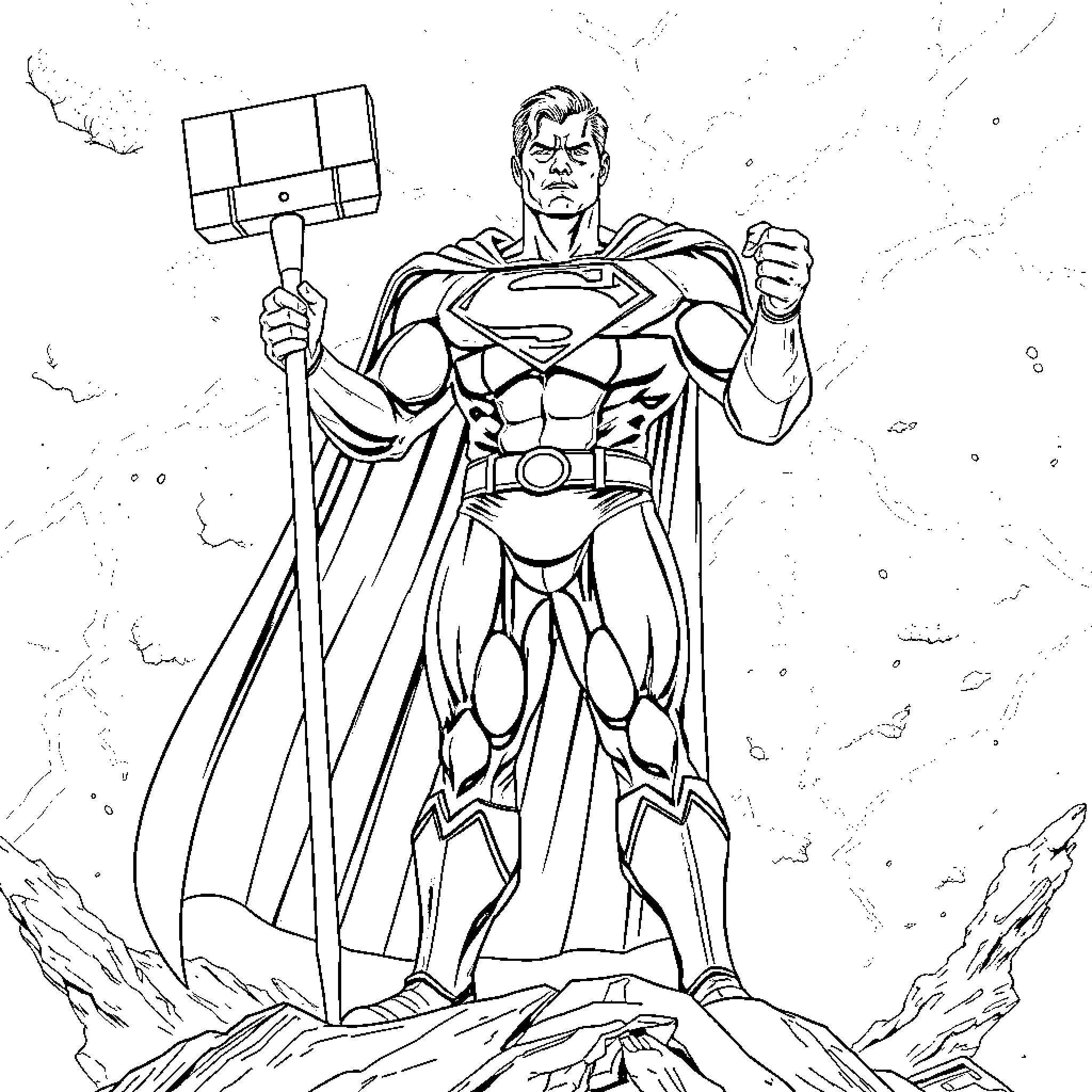 Superman heroically standing on a rocky cliff Coloring Page (free black-and-white line drawing printable PDF for all, from beginners to advanced learners, including children, teens, adults, and seniors)