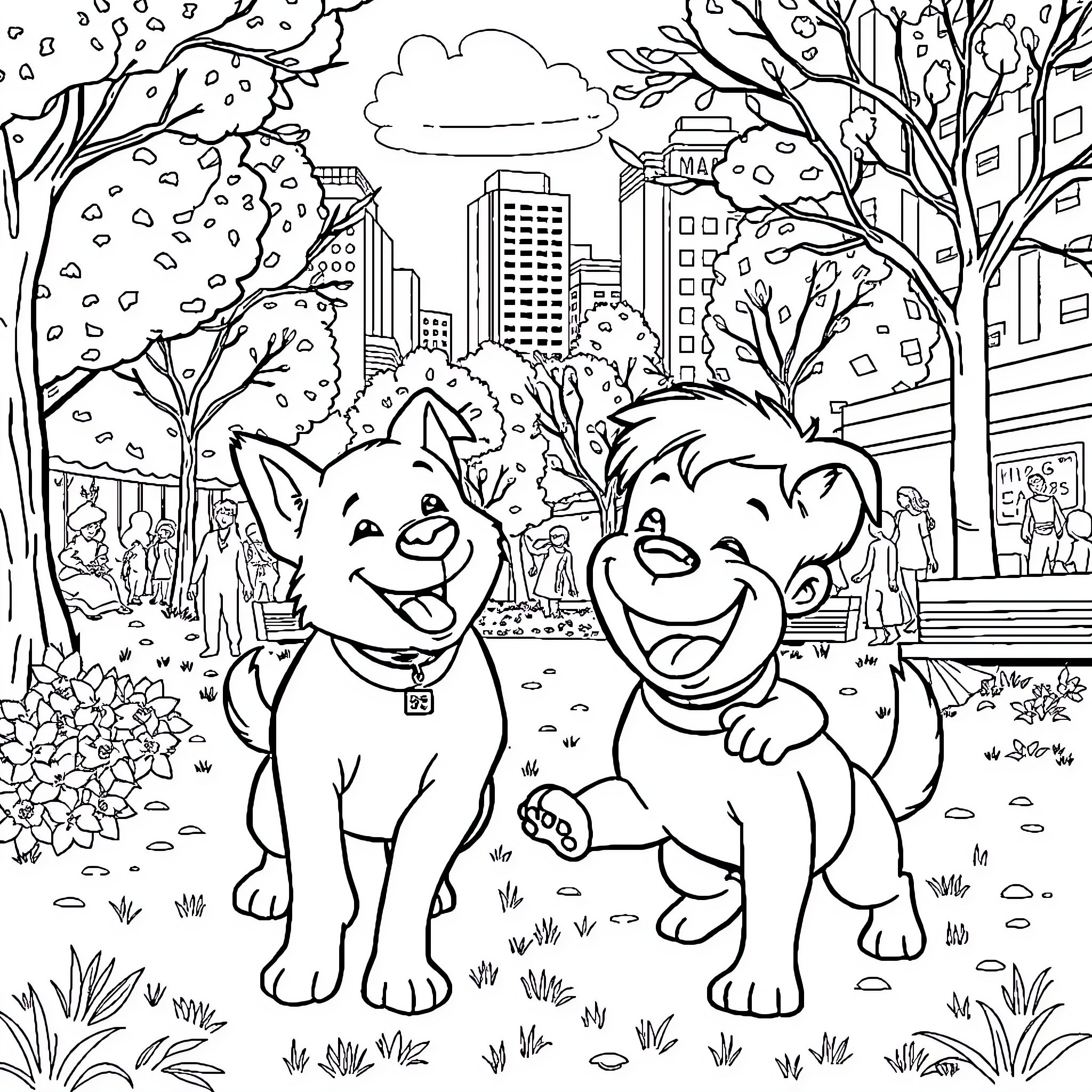 Dog friends exploring the city together Coloring Page (free black-and-white line drawing printable PDF for all, from beginners to advanced learners, including children, teens, adults, and seniors)