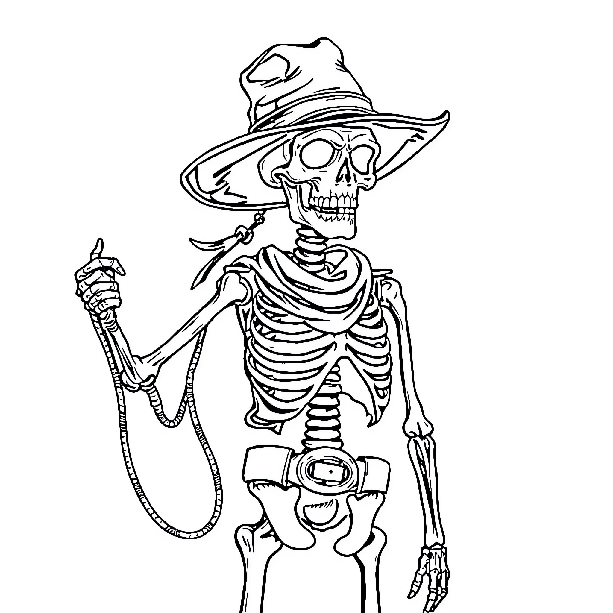 Cowboy skeleton with whip and gear Coloring Page (free black-and-white line drawing printable PDF for all, from beginners to advanced learners, including children, teens, adults, and seniors)