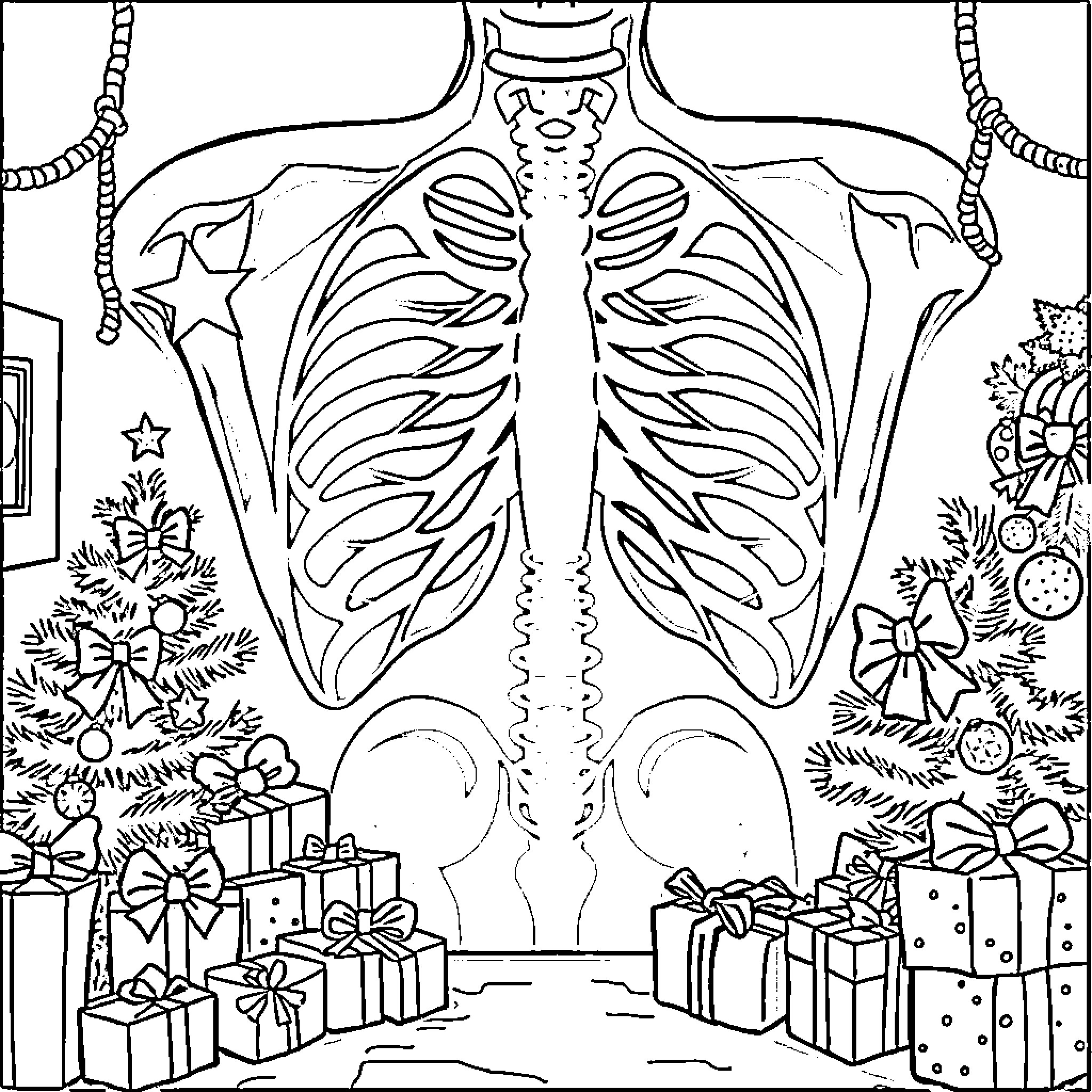 Christmas anatomy illustration with festive decor Coloring Page (free black-and-white line drawing printable PDF for all, from beginners to advanced learners, including children, teens, adults, and seniors)