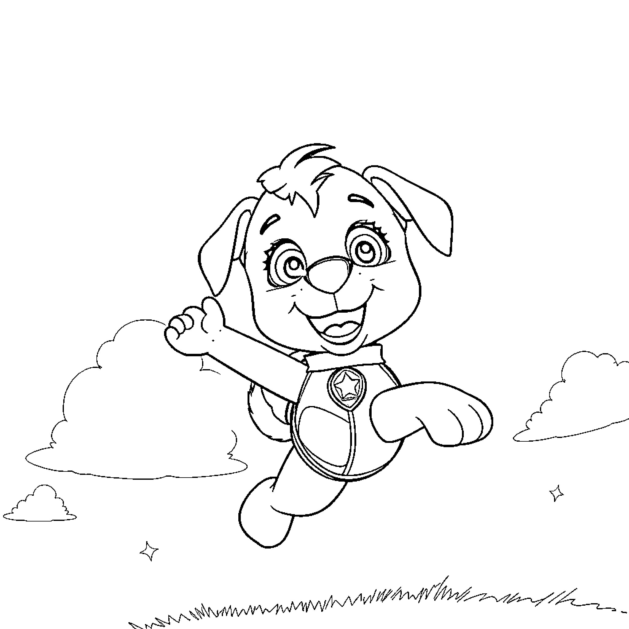 Sky puppy hero leaping in adventure Coloring Page (free black-and-white line drawing printable PDF for all, from beginners to advanced learners, including children, teens, adults, and seniors)