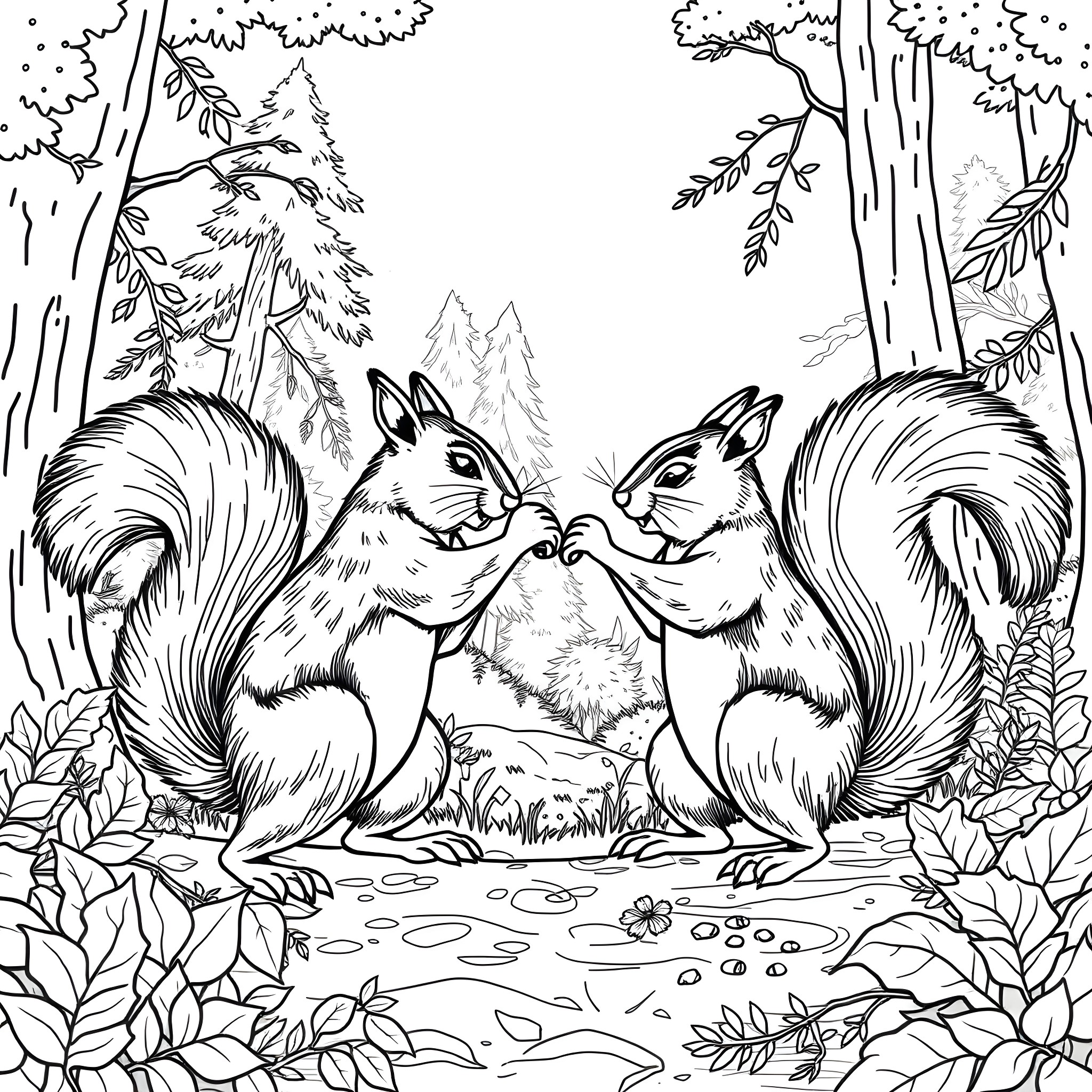 Squirrel friends playing in the forest Coloring Page (free black-and-white line drawing printable PDF for all, from beginners to advanced learners, including children, teens, adults, and seniors)