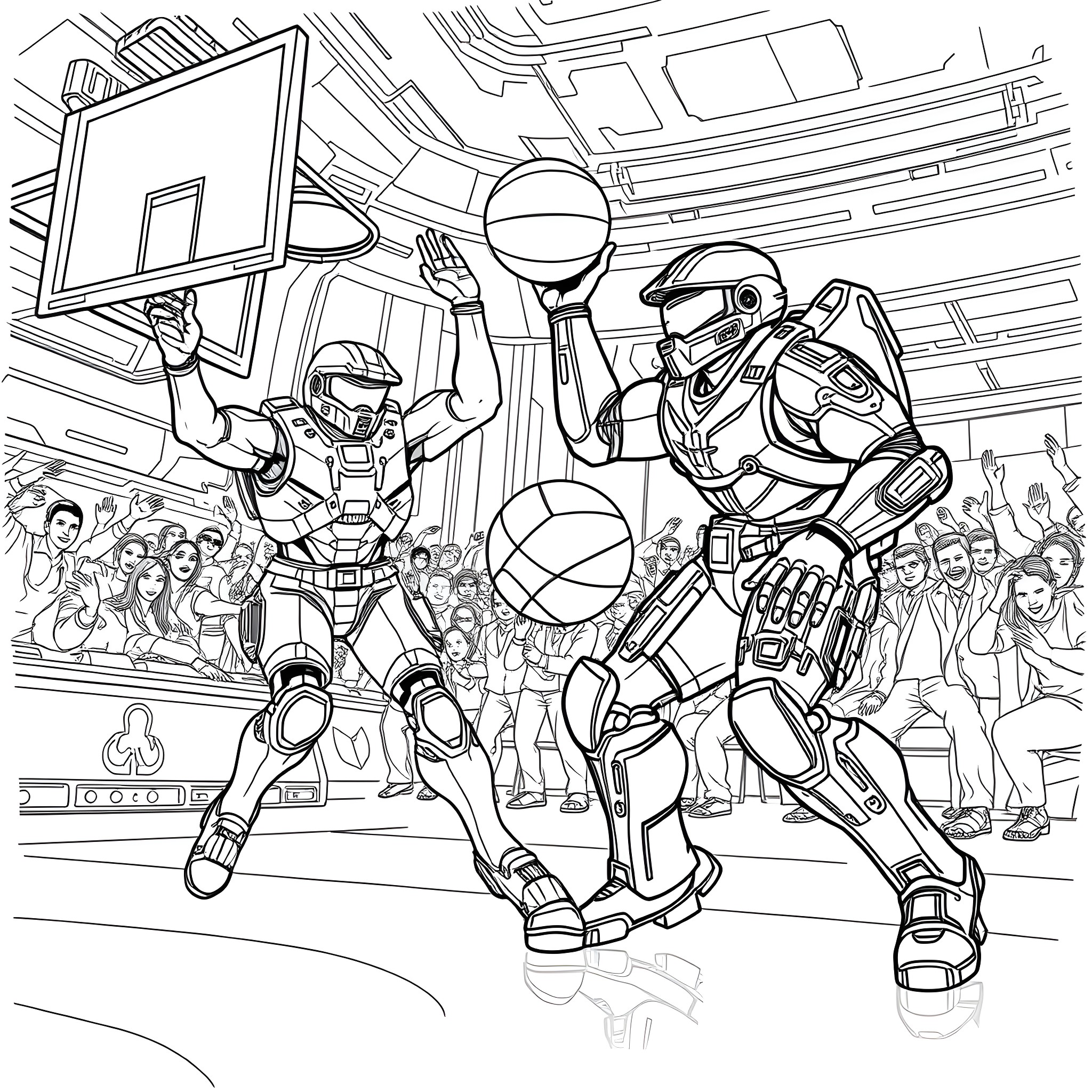 Master Chief Competing in an Intense Basketball Game Coloring Page (free black-and-white line drawing printable PDF for all, from beginners to advanced learners, including children, teens, adults, and seniors)