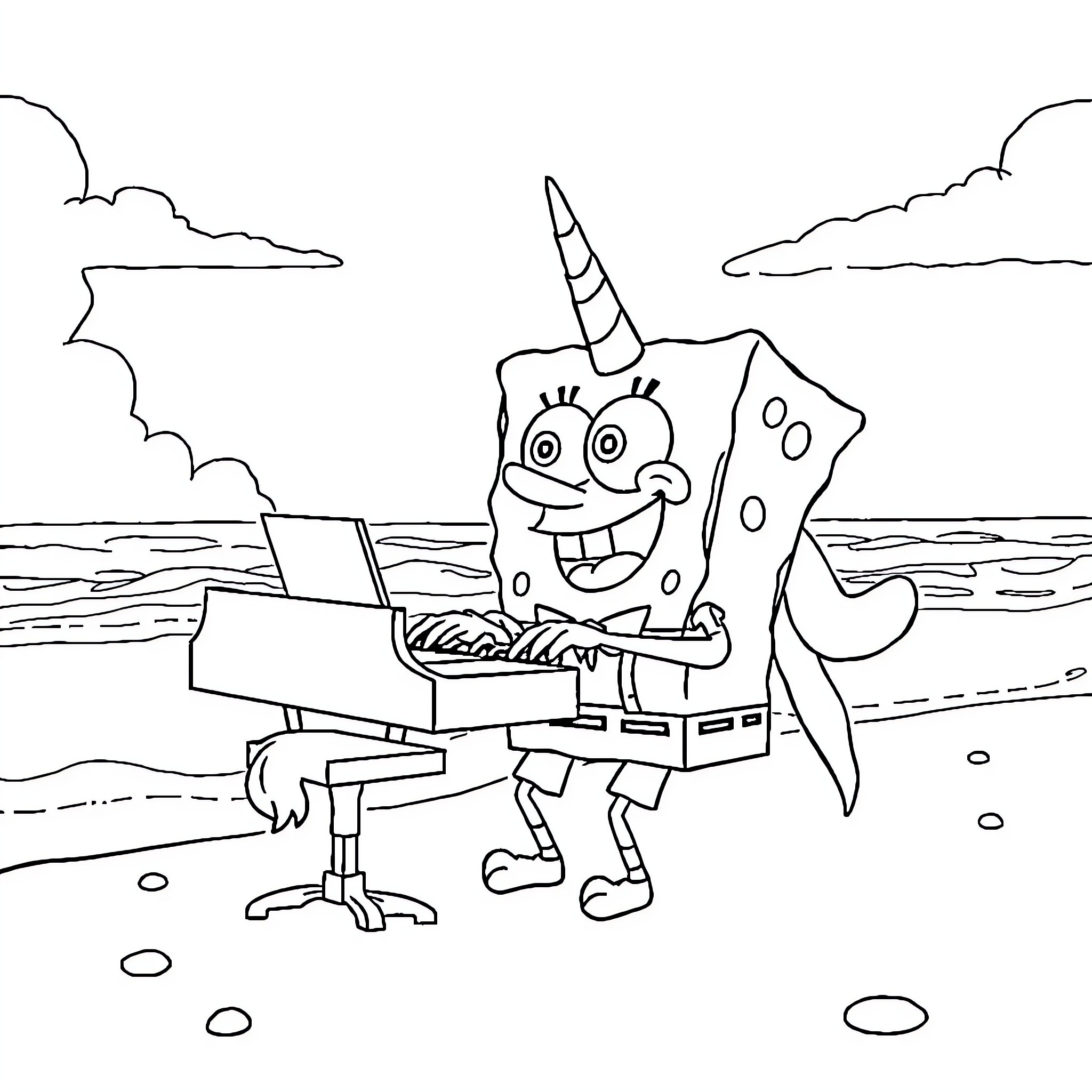 Spongebob Working Happily on a Computer by the Ocean Coloring Page (free black-and-white line drawing printable PDF for all, from beginners to advanced learners, including children, teens, adults, and seniors)