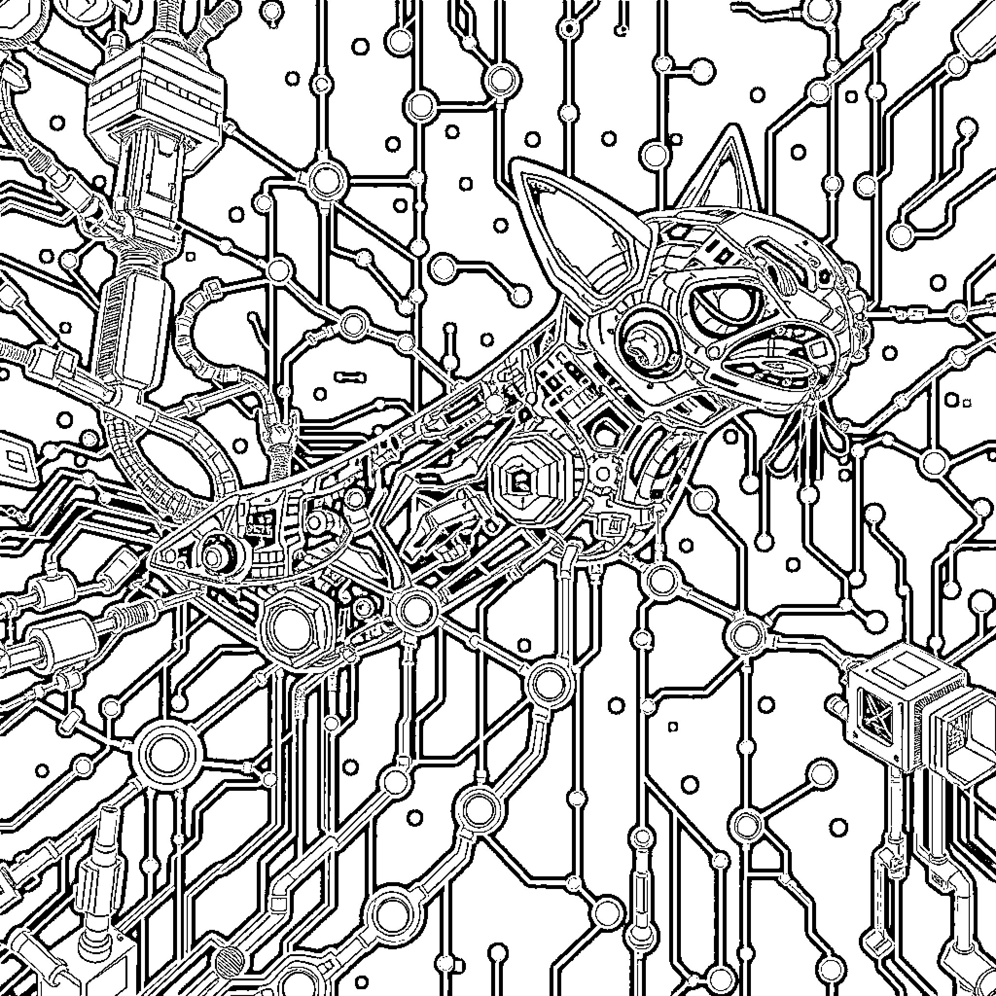 Katena: Intricate Mechanical Creature Coloring Page (free black-and-white line drawing printable PDF for all, from beginners to advanced learners, including children, teens, adults, and seniors)