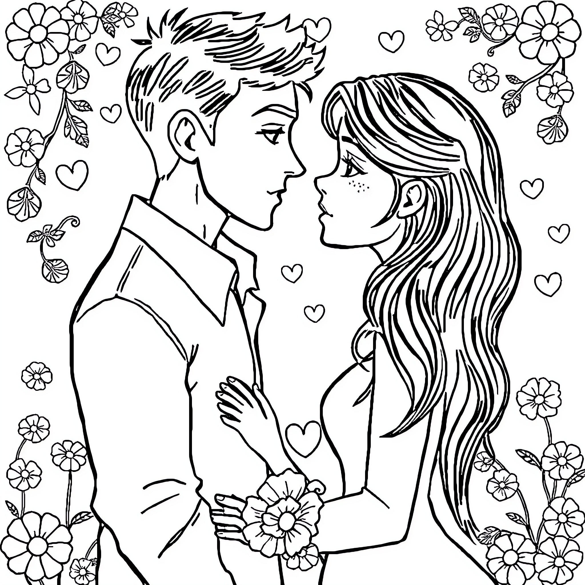 Comic Couple in Romantic Floral Setting Coloring Page (free black-and-white line drawing printable PDF for all, from beginners to advanced learners, including children, teens, adults, and seniors)