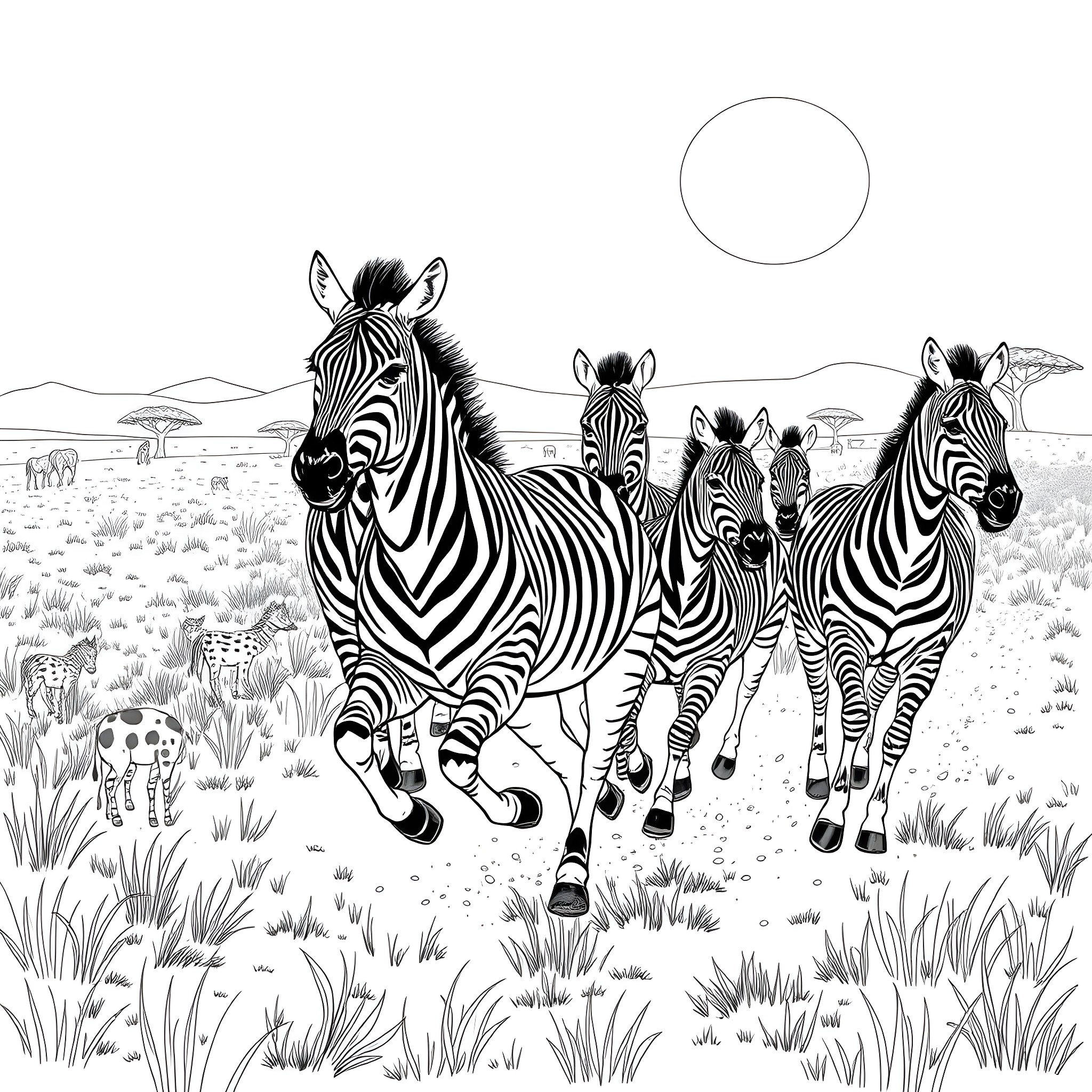 Zebra herd running across the savanna Coloring Page (free black-and-white line drawing printable PDF for all, from beginners to advanced learners, including children, teens, adults, and seniors)