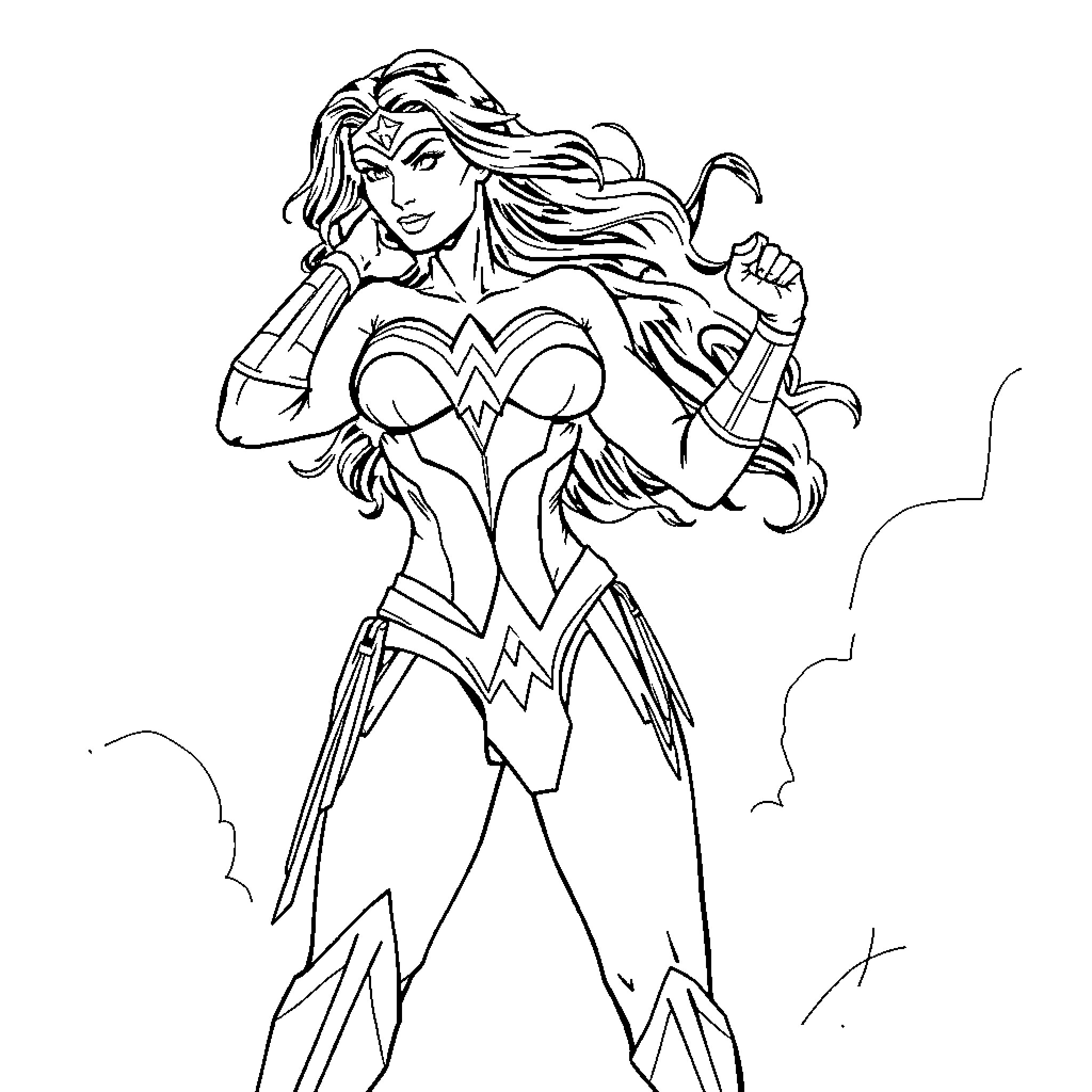 Wonder Woman in Heroic Pose with Flowing Hair Coloring Page (free black-and-white line drawing printable PDF for all, from beginners to advanced learners, including children, teens, adults, and seniors)