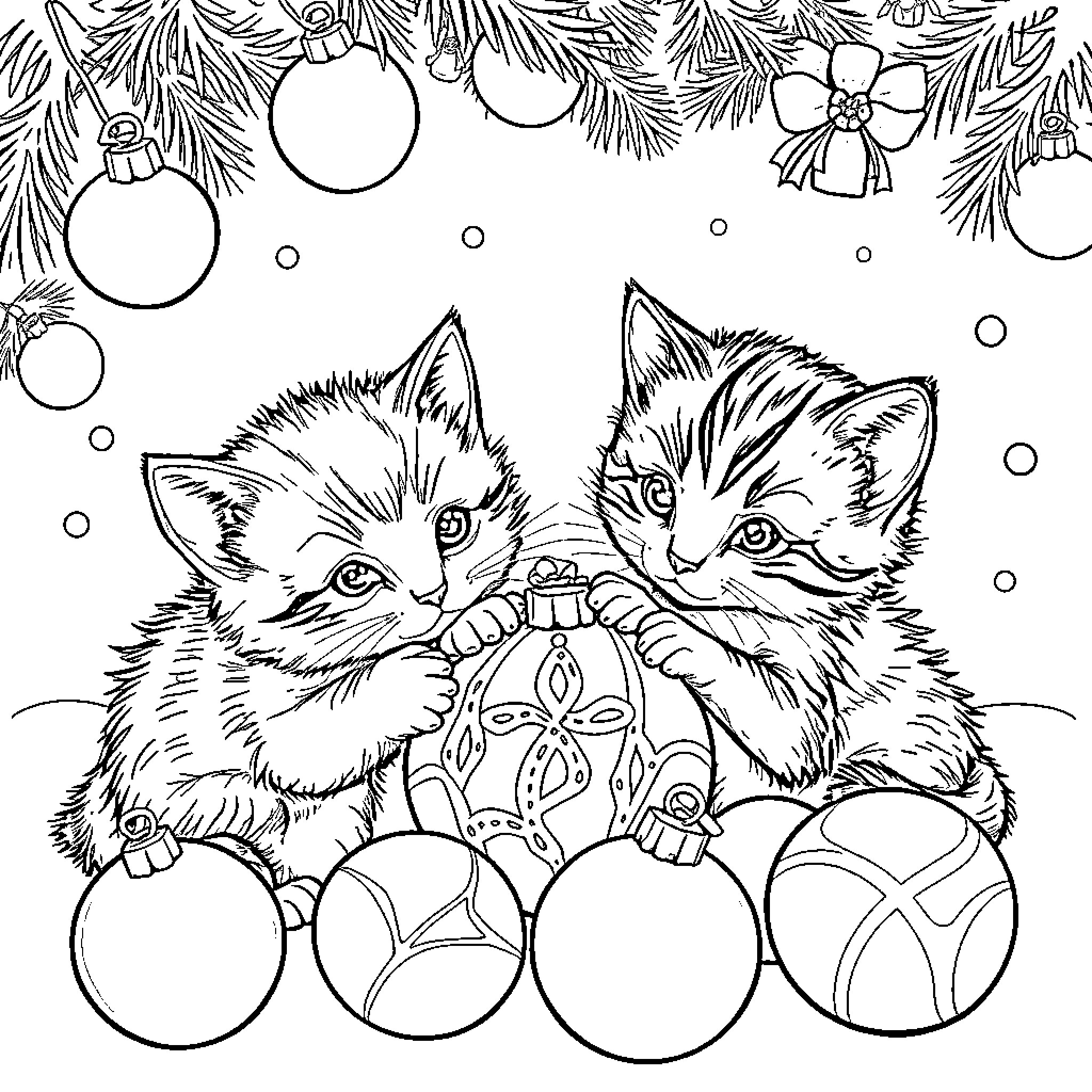 Kittens Exploring Christmas Ornaments Coloring Page (free black-and-white line drawing printable PDF for all, from beginners to advanced learners, including children, teens, adults, and seniors)