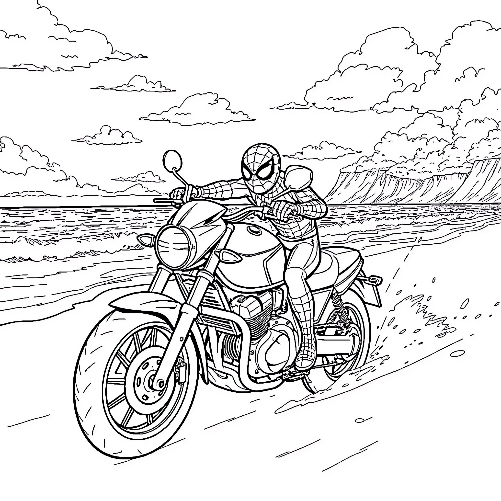 Spider-Man riding motorcycle on the beach Coloring Page (free black-and-white line drawing printable PDF for all, from beginners to advanced learners, including children, teens, adults, and seniors)