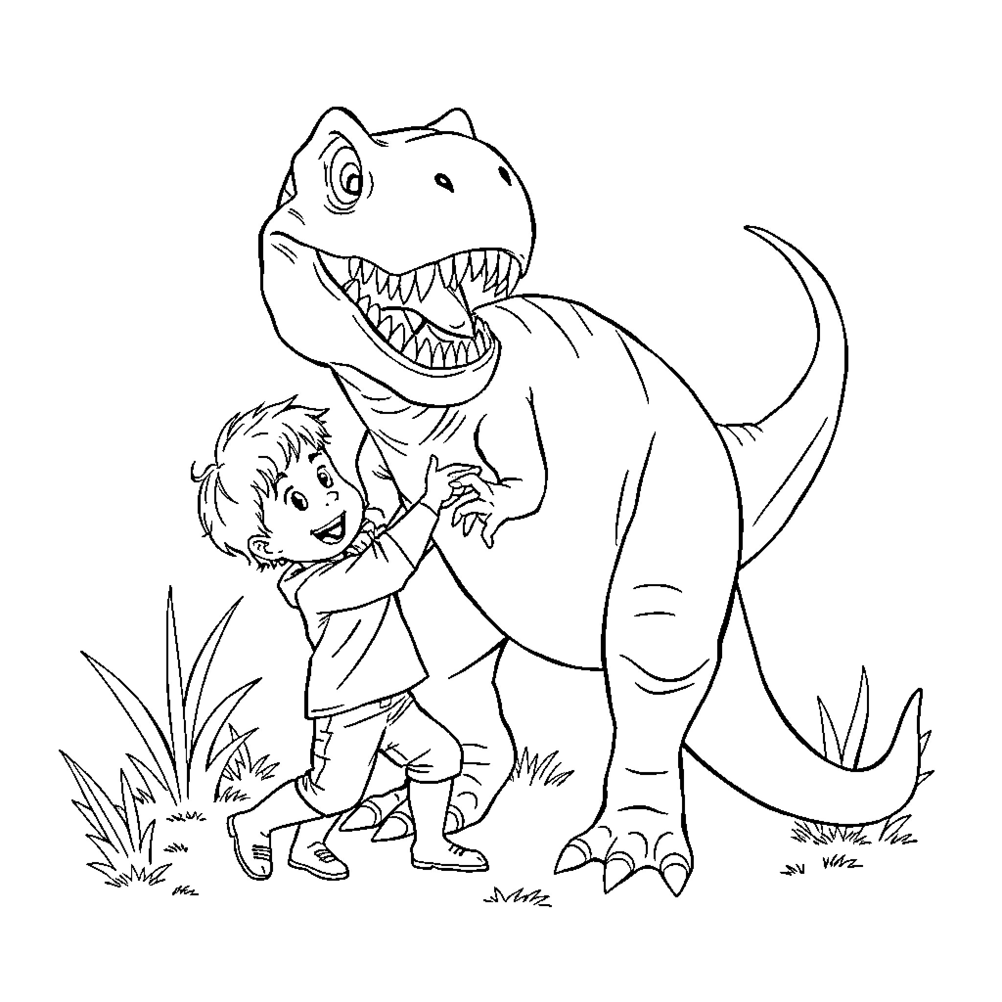 Dinosaur and child playing together in nature Coloring Page (free black-and-white line drawing printable PDF for all, from beginners to advanced learners, including children, teens, adults, and seniors)