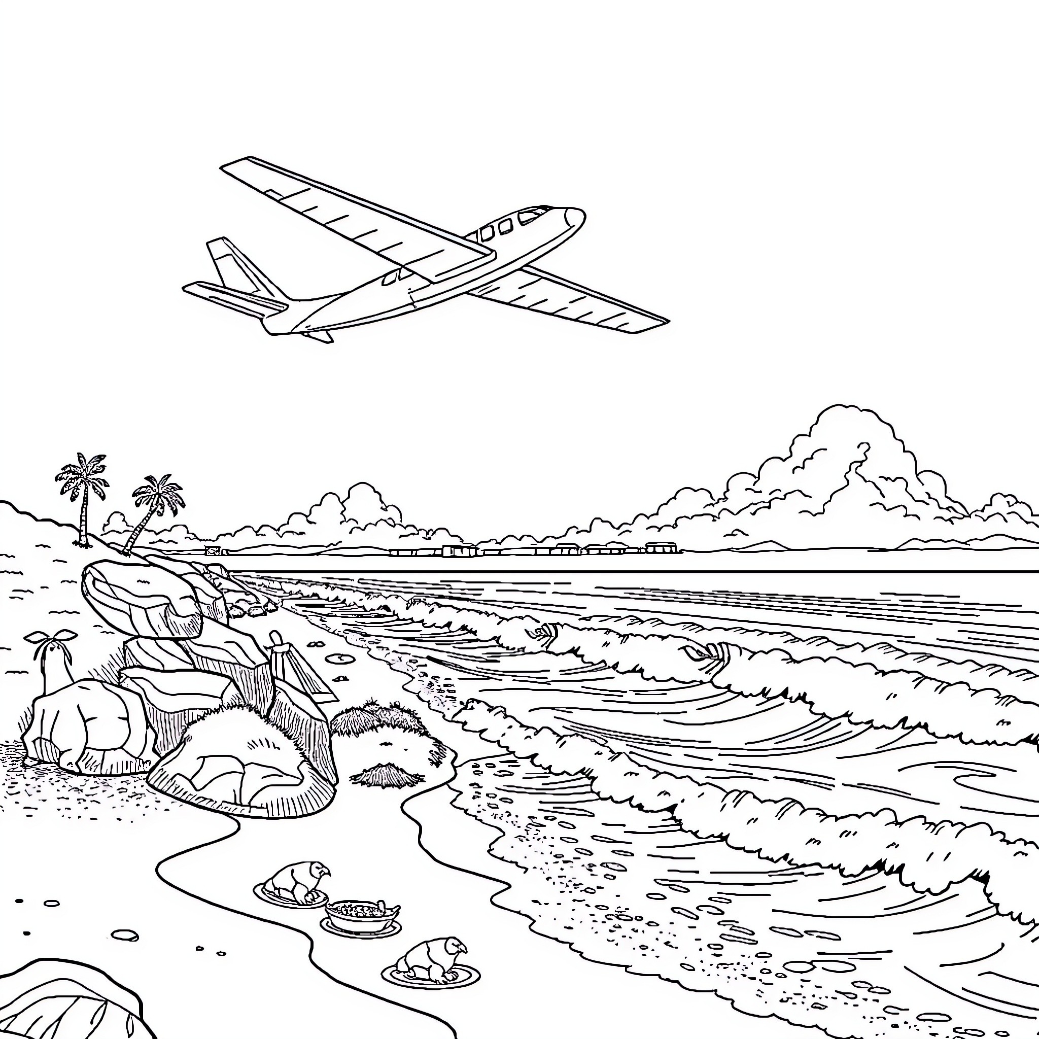 Plane flying over tropical beach landscape Coloring Page (free black-and-white line drawing printable PDF for all, from beginners to advanced learners, including children, teens, adults, and seniors)