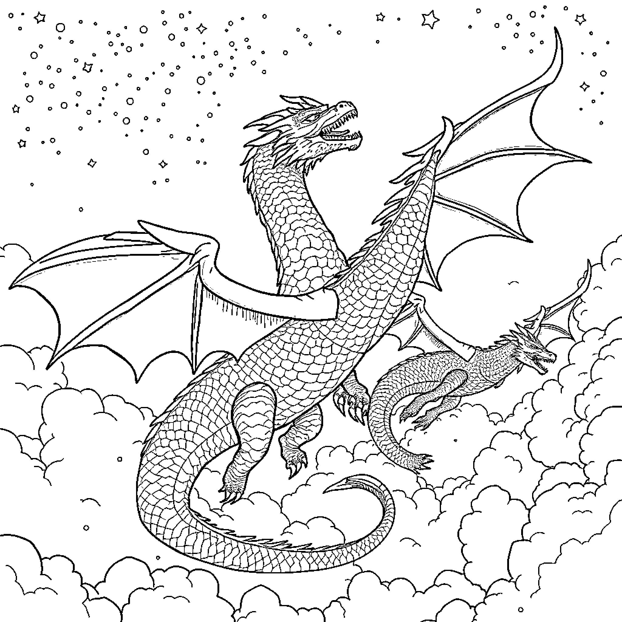 Dragons soaring through the starry night sky Coloring Page (free black-and-white line drawing printable PDF for all, from beginners to advanced learners, including children, teens, adults, and seniors)