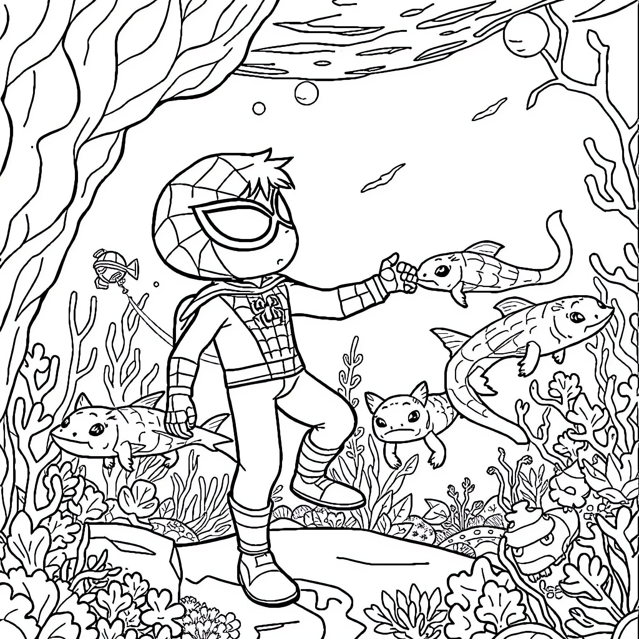 Spiderman exploring underwater sea life and creatures Coloring Page (free black-and-white line drawing printable PDF for all, from beginners to advanced learners, including children, teens, adults, and seniors)