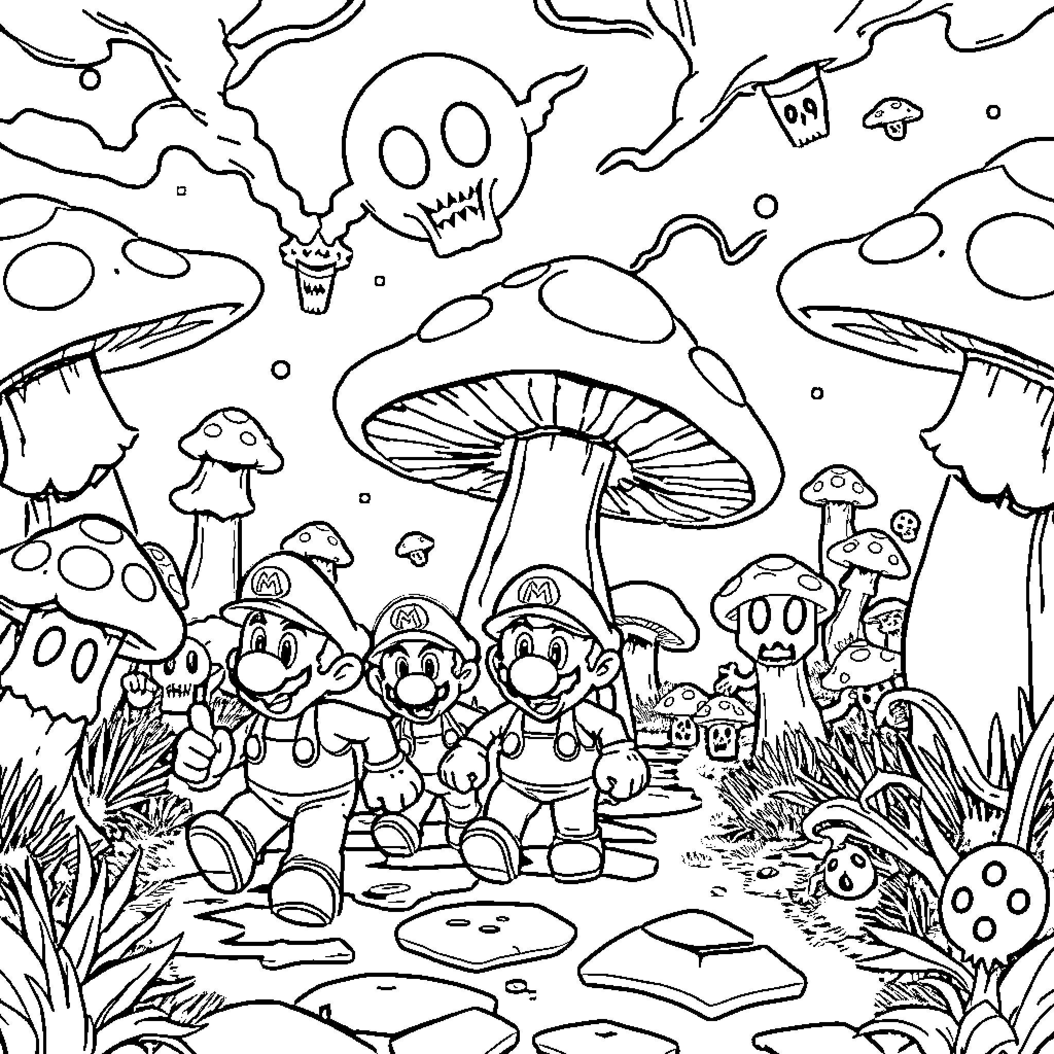 Super Mario Exploring Mysterious Mushroom Kingdom Coloring Page (free black-and-white line drawing printable PDF for all, from beginners to advanced learners, including children, teens, adults, and seniors)