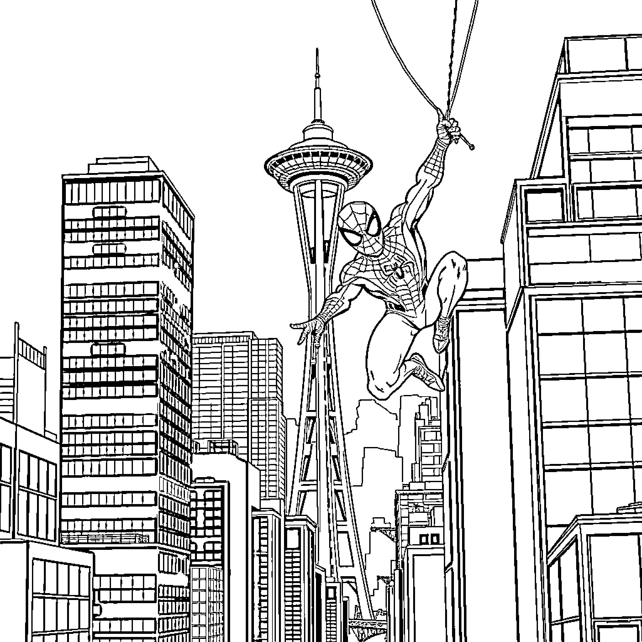 Spider-Man swinging through the city skyline Coloring Page (free black-and-white line drawing printable PDF for all, from beginners to advanced learners, including children, teens, adults, and seniors)