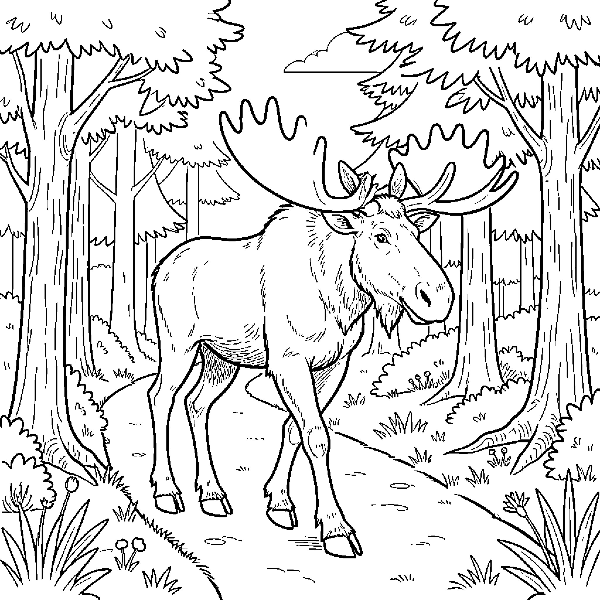 Moose walking along a forest path Coloring Page (free black-and-white line drawing printable PDF for all, from beginners to advanced learners, including children, teens, adults, and seniors)