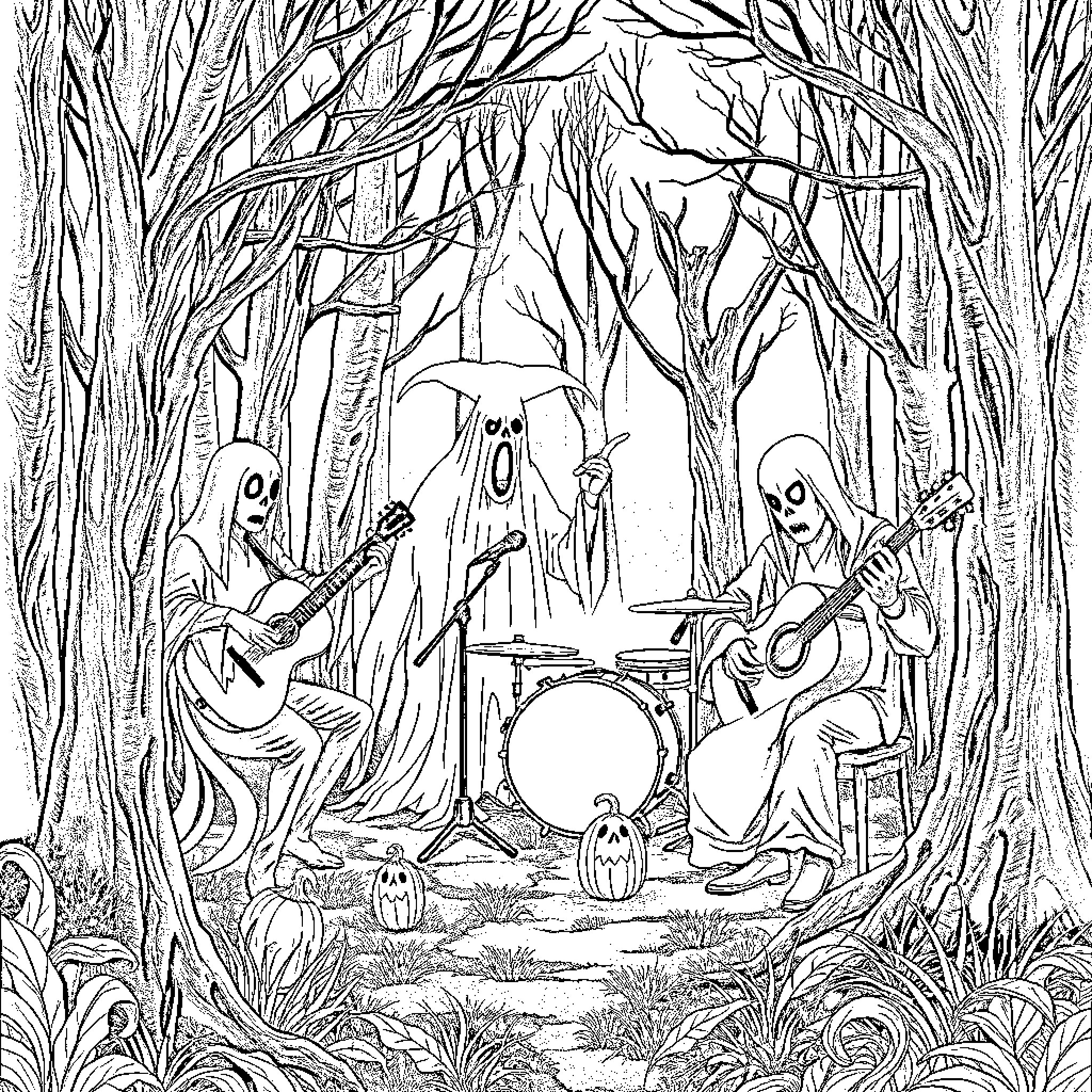 Phantom Ghostly Band Performs in Eerie Forest Coloring Page (free black-and-white line drawing printable PDF for all, from beginners to advanced learners, including children, teens, adults, and seniors)