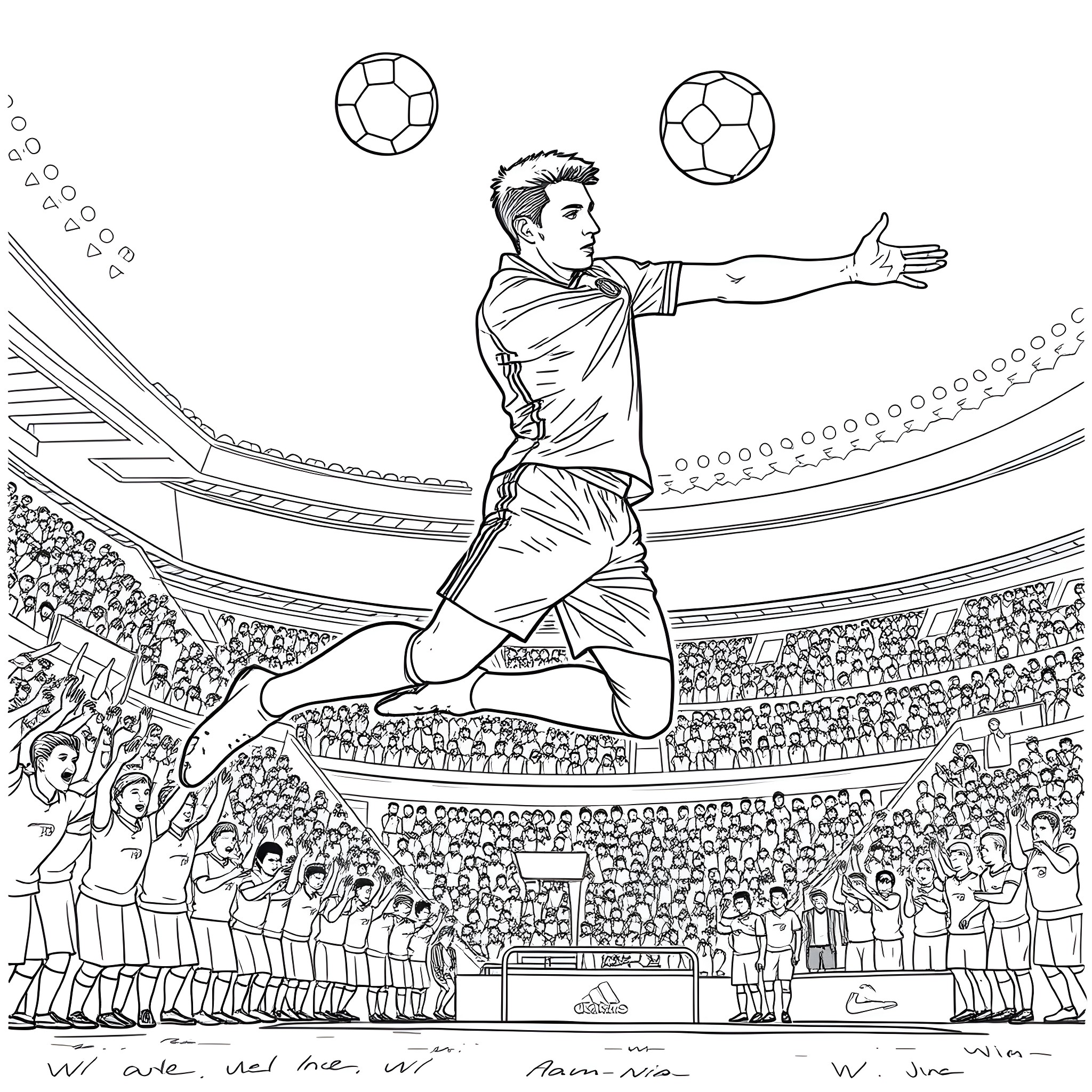Emiliano Martinez jumping to make a save on the soccer field Coloring Page (free black-and-white line drawing printable PDF for all, from beginners to advanced learners, including children, teens, adults, and seniors)