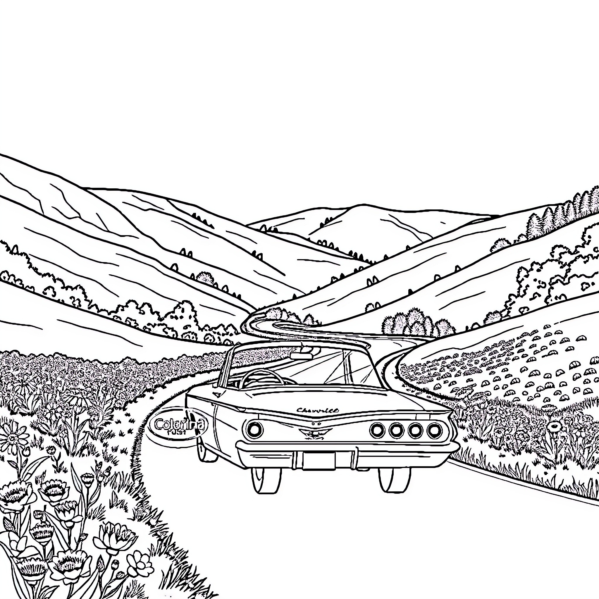 Chevrolet sports car driving through scenic mountain landscape Coloring Page (free black-and-white line drawing printable PDF for all, from beginners to advanced learners, including children, teens, adults, and seniors)