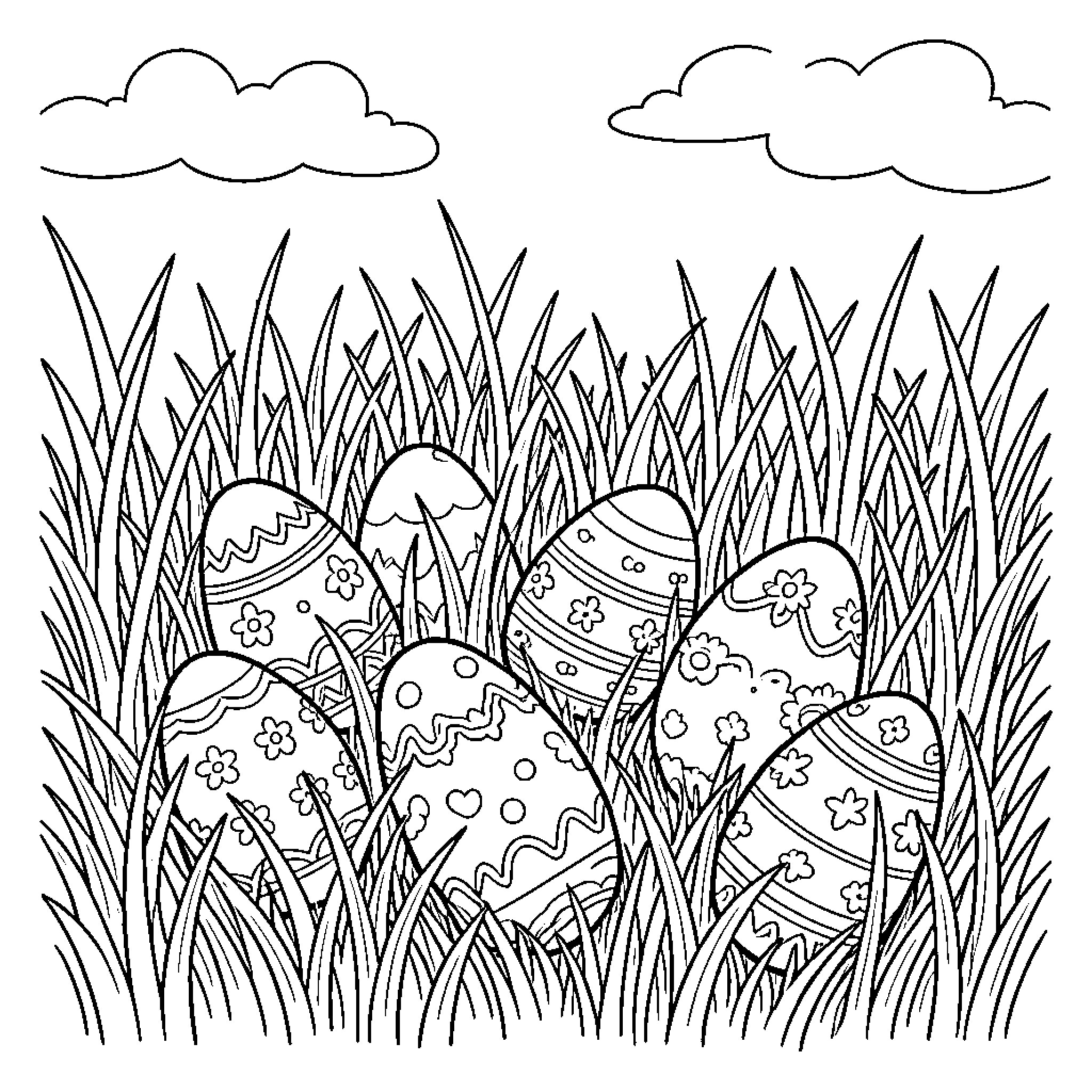 Easter Egg Hunt in the Grassy Field Coloring Page (free black-and-white line drawing printable PDF for all, from beginners to advanced learners, including children, teens, adults, and seniors)