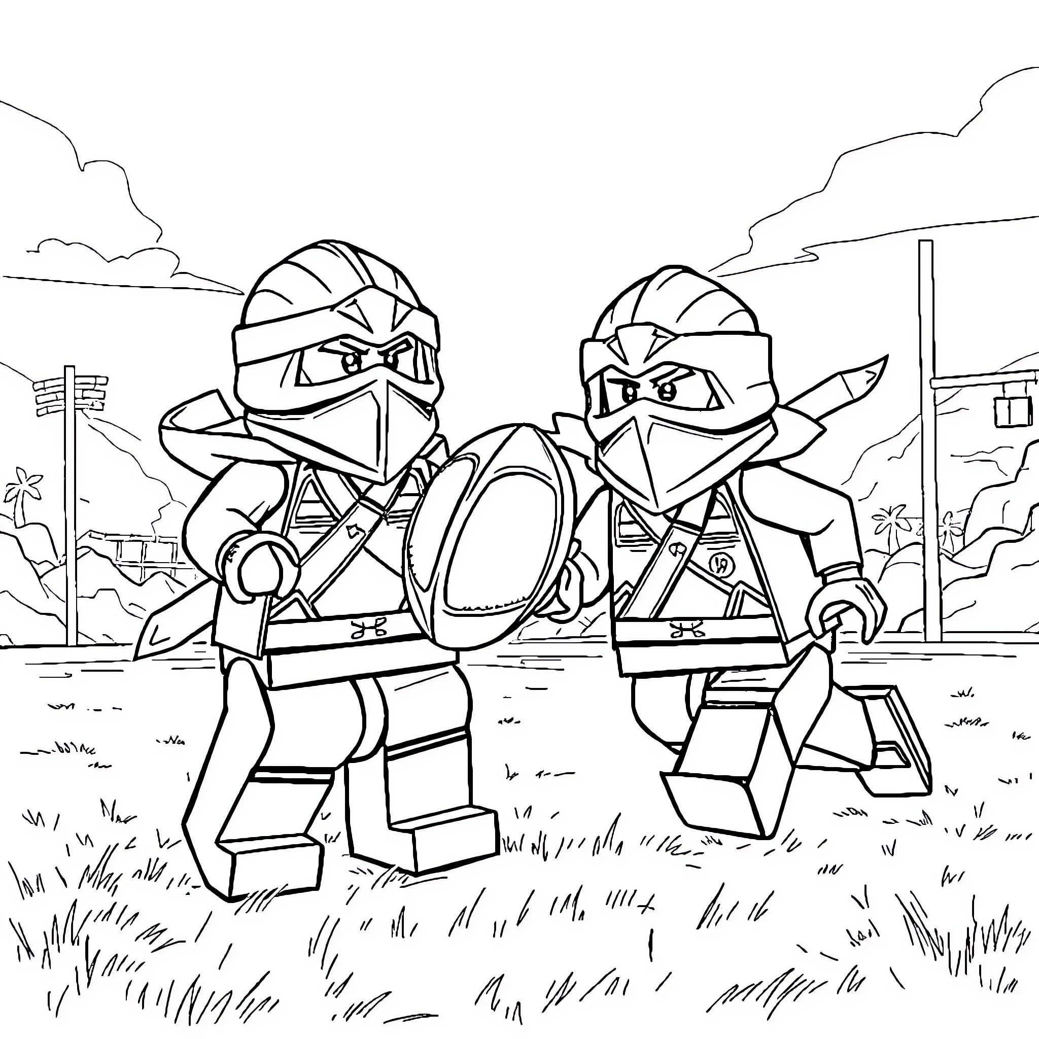 Ninjago warriors engaged in intense combat Coloring Page (free black-and-white line drawing printable PDF for all, from beginners to advanced learners, including children, teens, adults, and seniors)