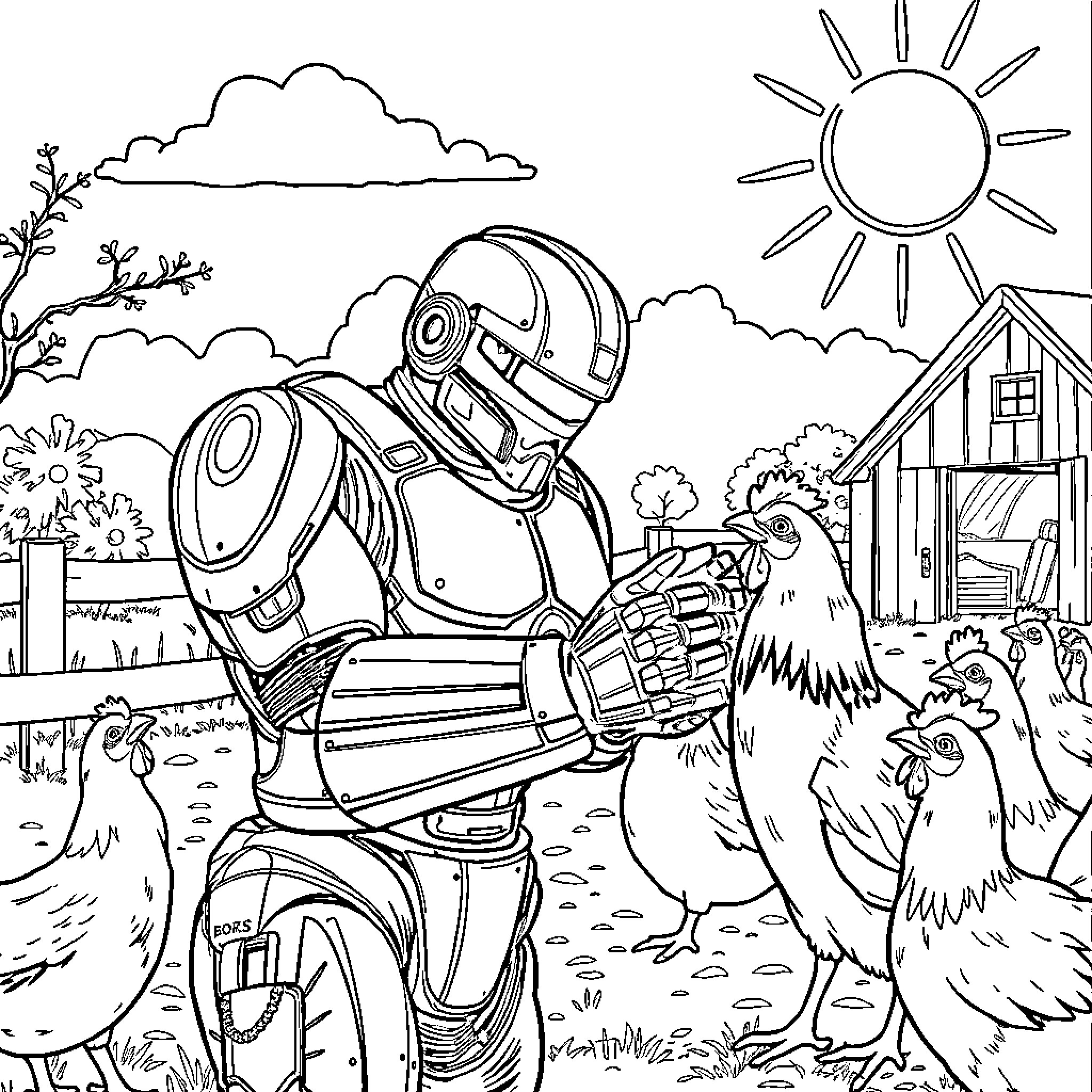 Robocop Interacting with Farm Animals in Rural Landscape Coloring Page (free black-and-white line drawing printable PDF for all, from beginners to advanced learners, including children, teens, adults, and seniors)