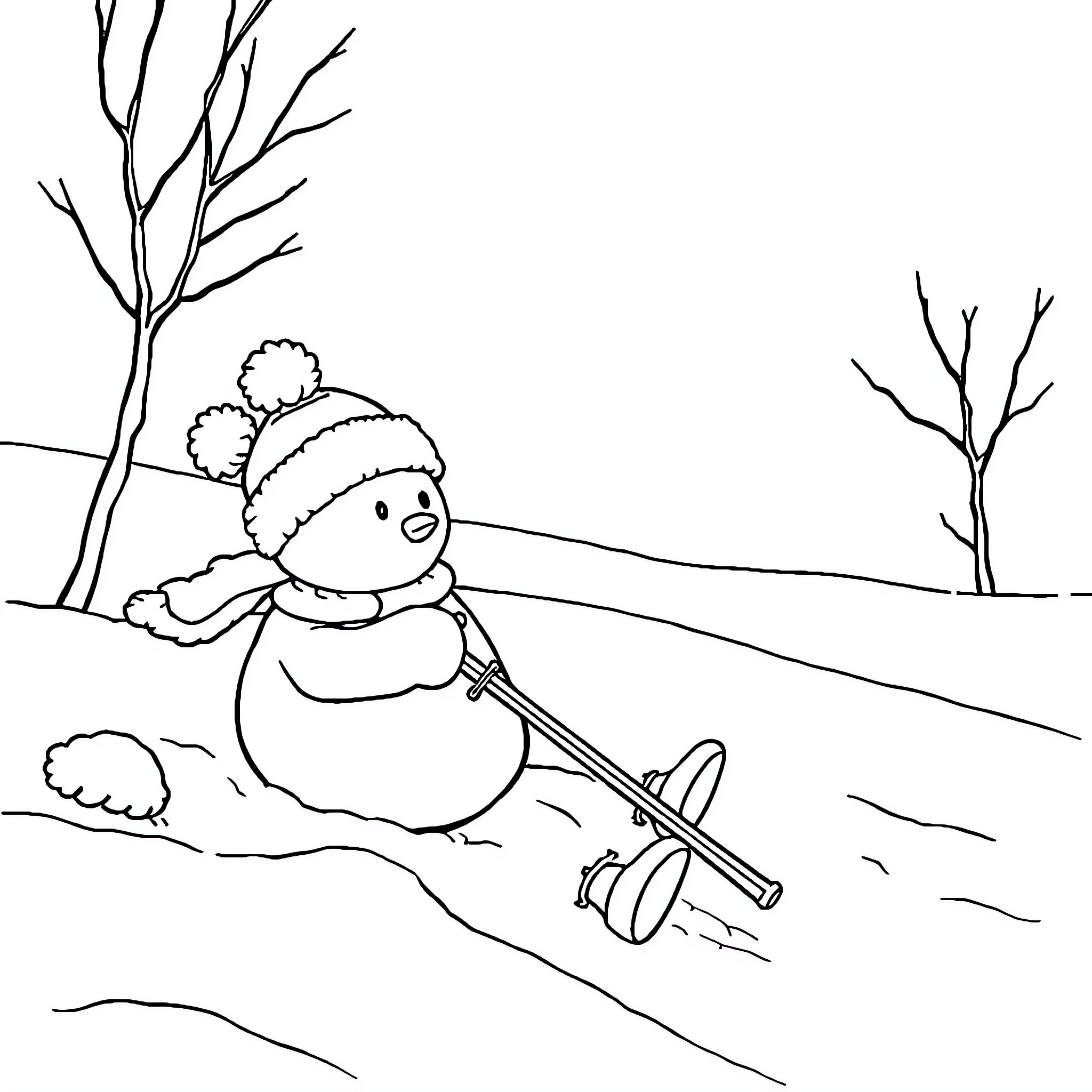 Fonzer building a snowman in the winter landscape Coloring Page (free black-and-white line drawing printable PDF for all, from beginners to advanced learners, including children, teens, adults, and seniors)