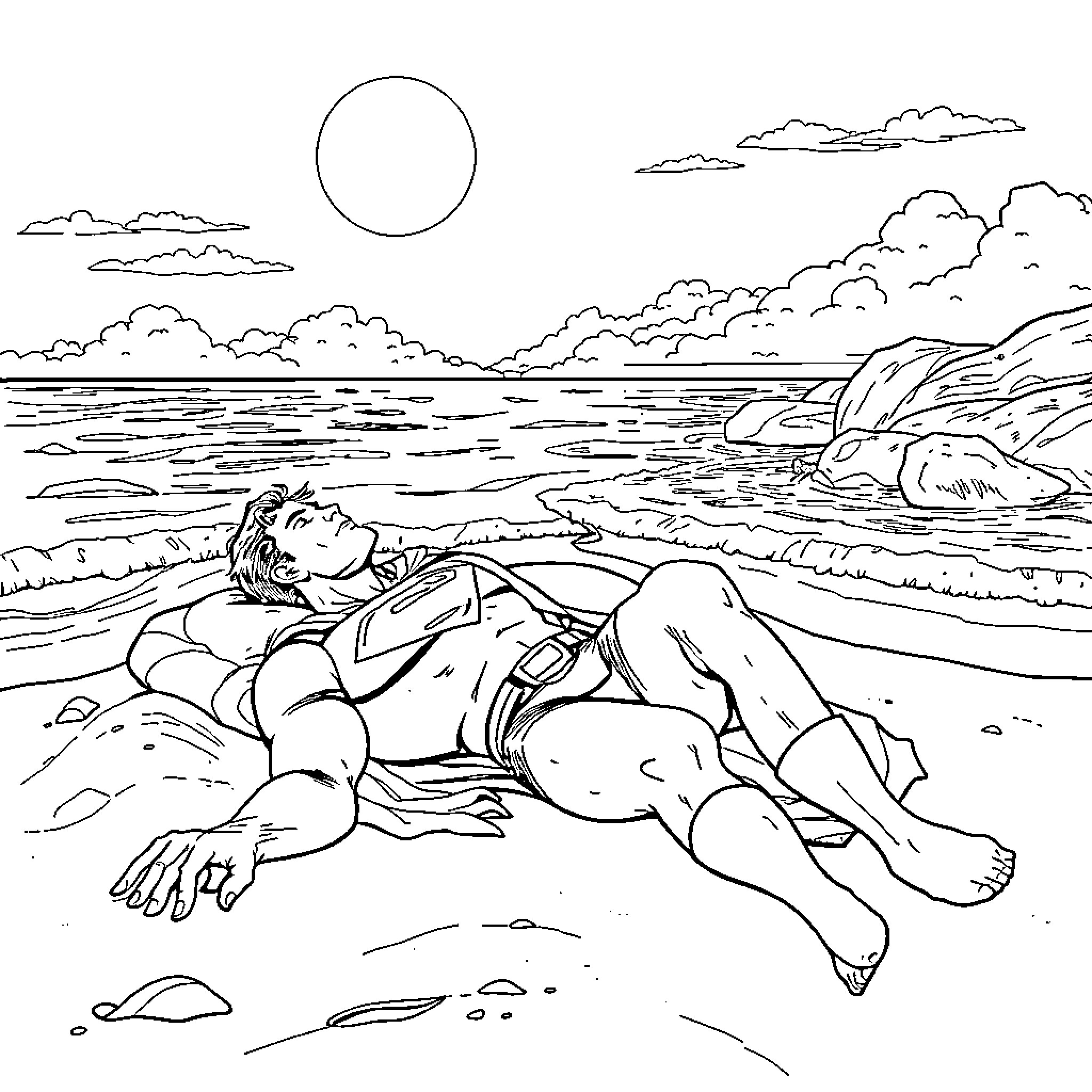Superman relaxing on the beach Coloring Page (free black-and-white line drawing printable PDF for all, from beginners to advanced learners, including children, teens, adults, and seniors)