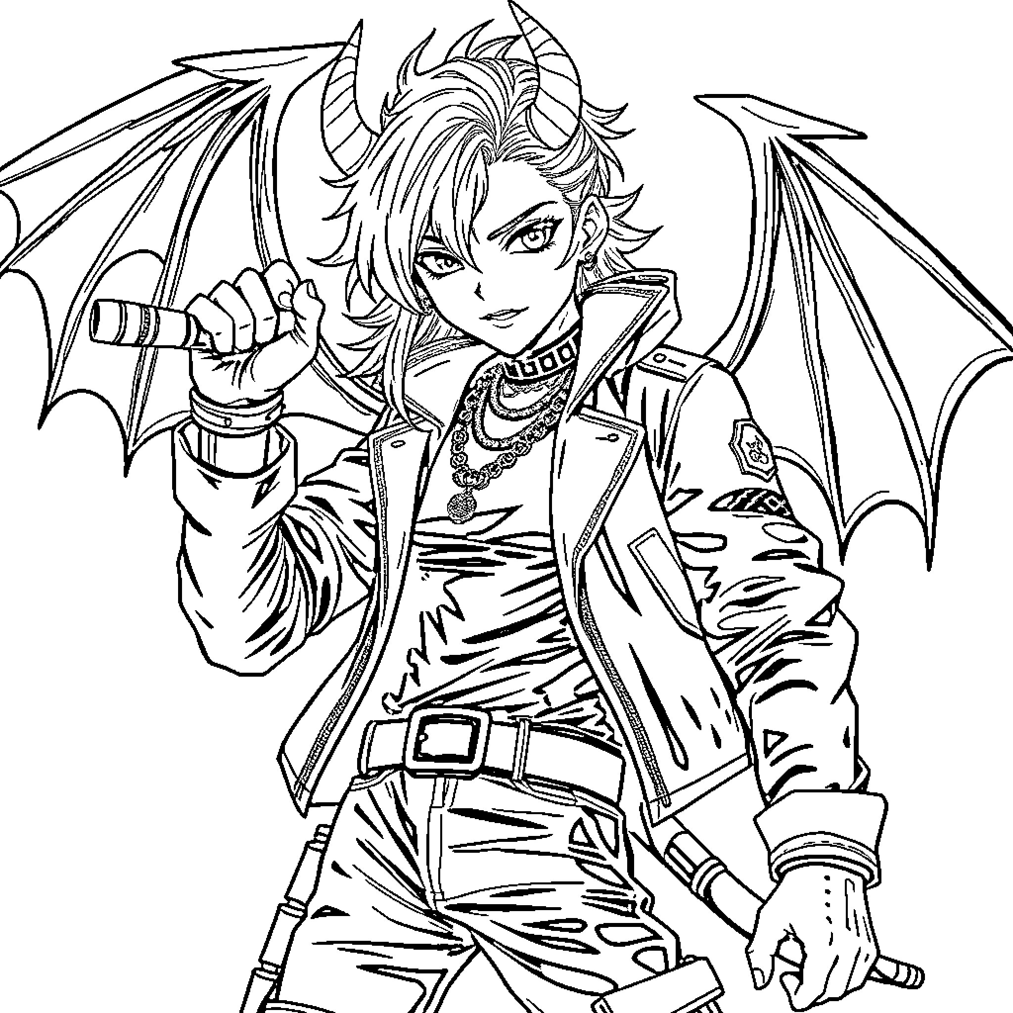 Demon Hunter with Fierce Demeanor and Winged Attire Coloring Page (free black-and-white line drawing printable PDF for all, from beginners to advanced learners, including children, teens, adults, and seniors)