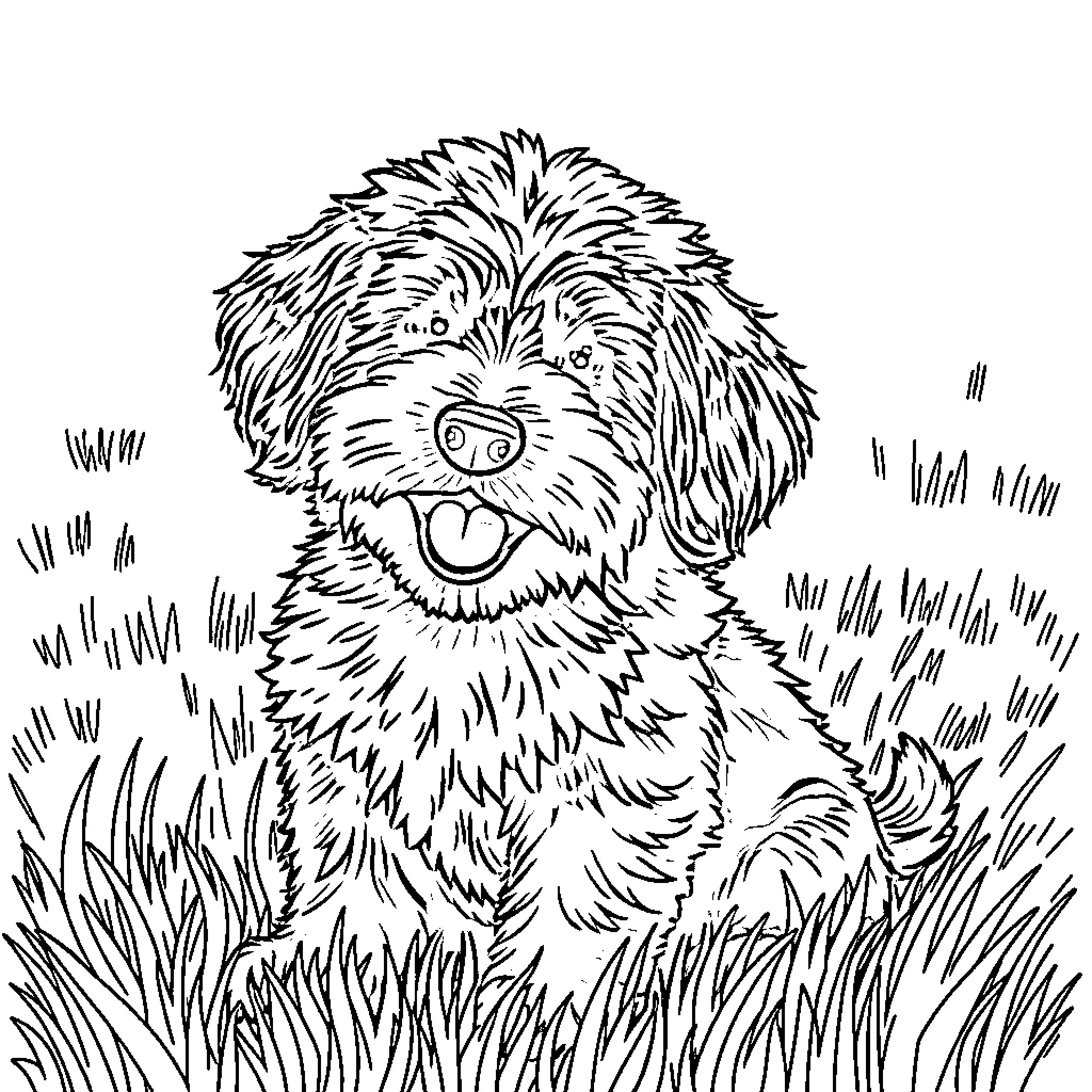 Bernedoodle playing happily in the grass Coloring Page (free black-and-white line drawing printable PDF for all, from beginners to advanced learners, including children, teens, adults, and seniors)