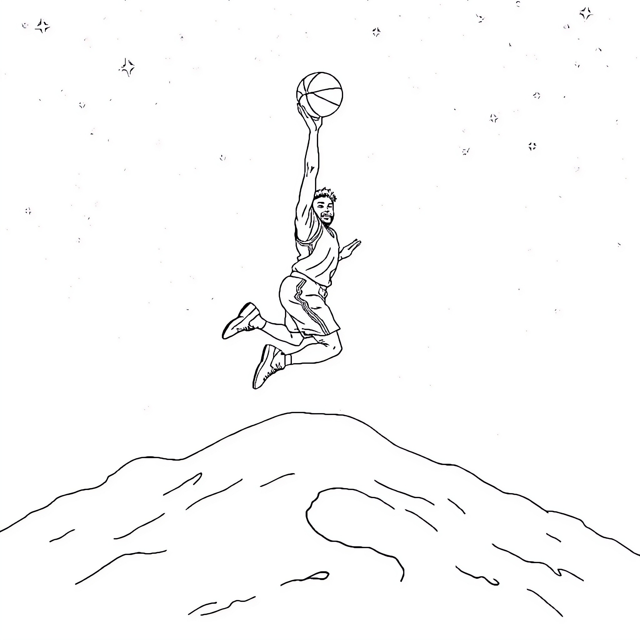 Basketball Player Jumping for the Hoop in the Mountains Coloring Page (free black-and-white line drawing printable PDF for all, from beginners to advanced learners, including children, teens, adults, and seniors)