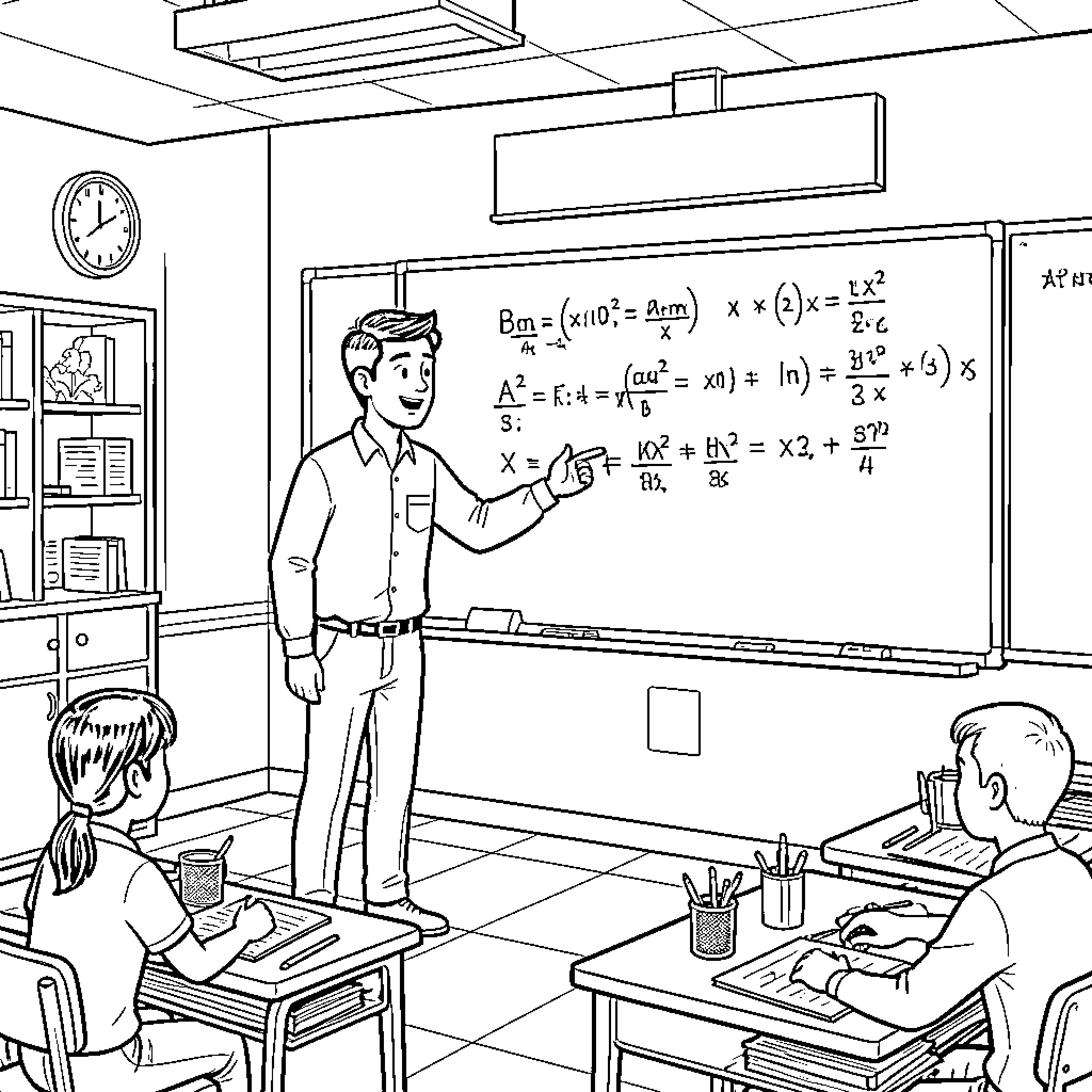 Mathematician teaching mathematical concepts in classroom Coloring Page (free black-and-white line drawing printable PDF for all, from beginners to advanced learners, including children, teens, adults, and seniors)