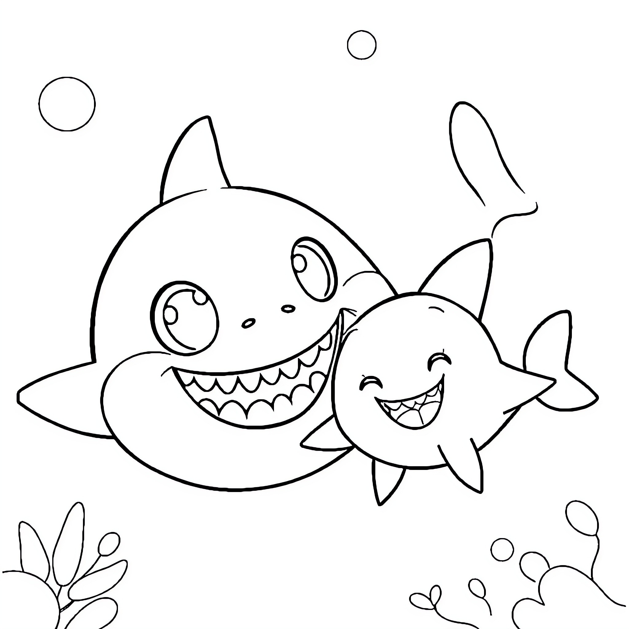 Shark family swimming joyfully in the ocean Coloring Page (free black-and-white line drawing printable PDF for all, from beginners to advanced learners, including children, teens, adults, and seniors)
