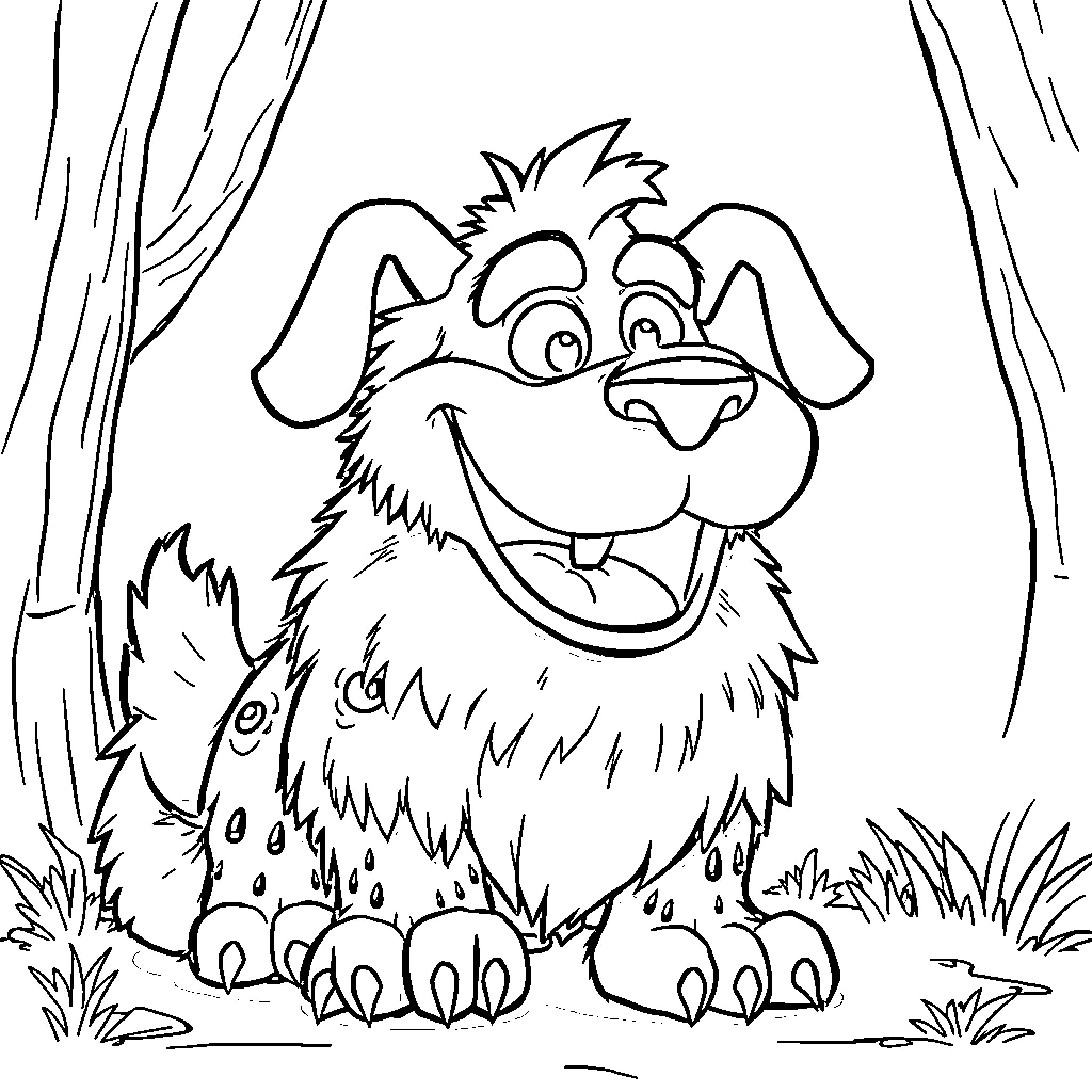 Rover the happy and furry dog in nature Coloring Page (free black-and-white line drawing printable PDF for all, from beginners to advanced learners, including children, teens, adults, and seniors)