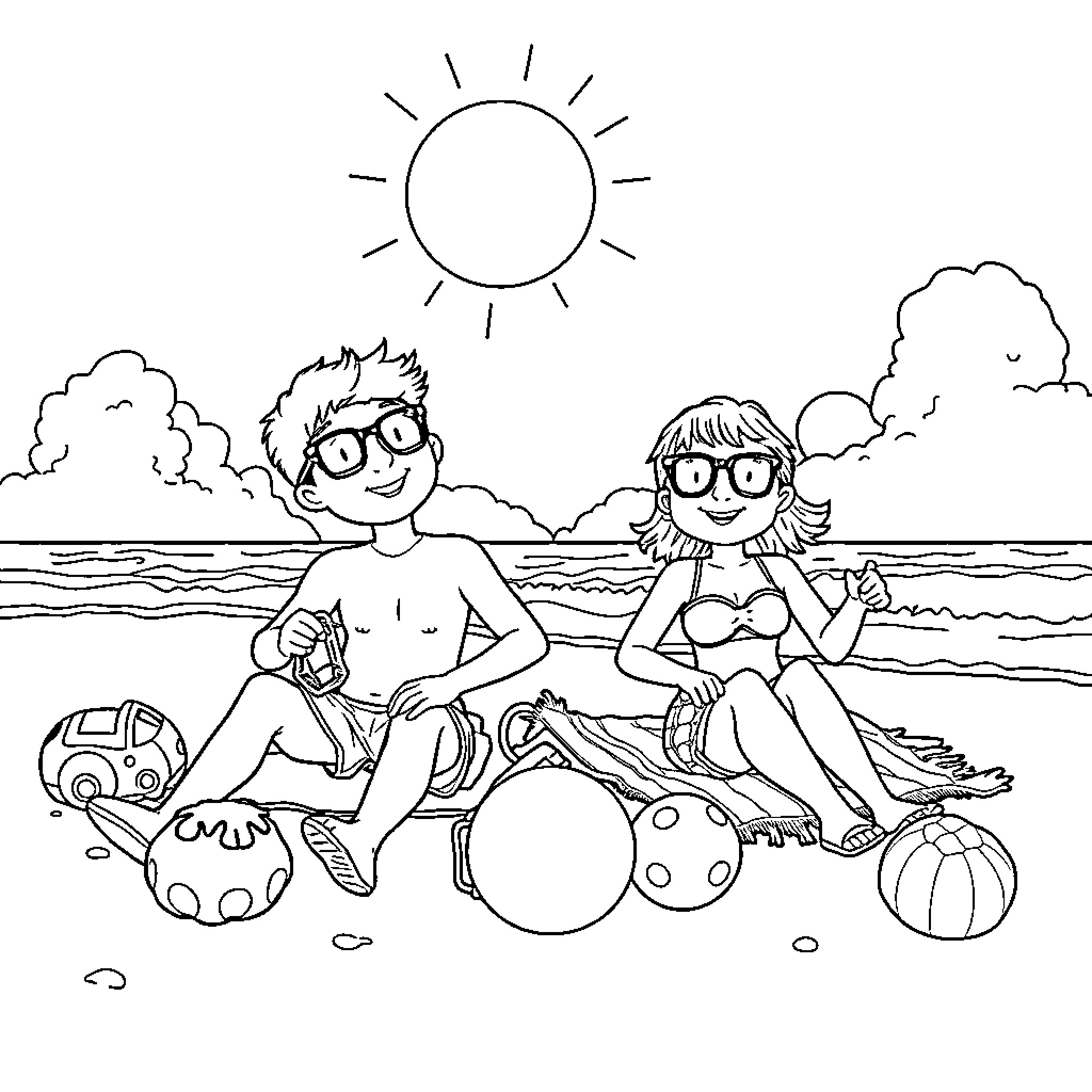 Abdl Playing by the Beach Coloring Page (free black-and-white line drawing printable PDF for all, from beginners to advanced learners, including children, teens, adults, and seniors)