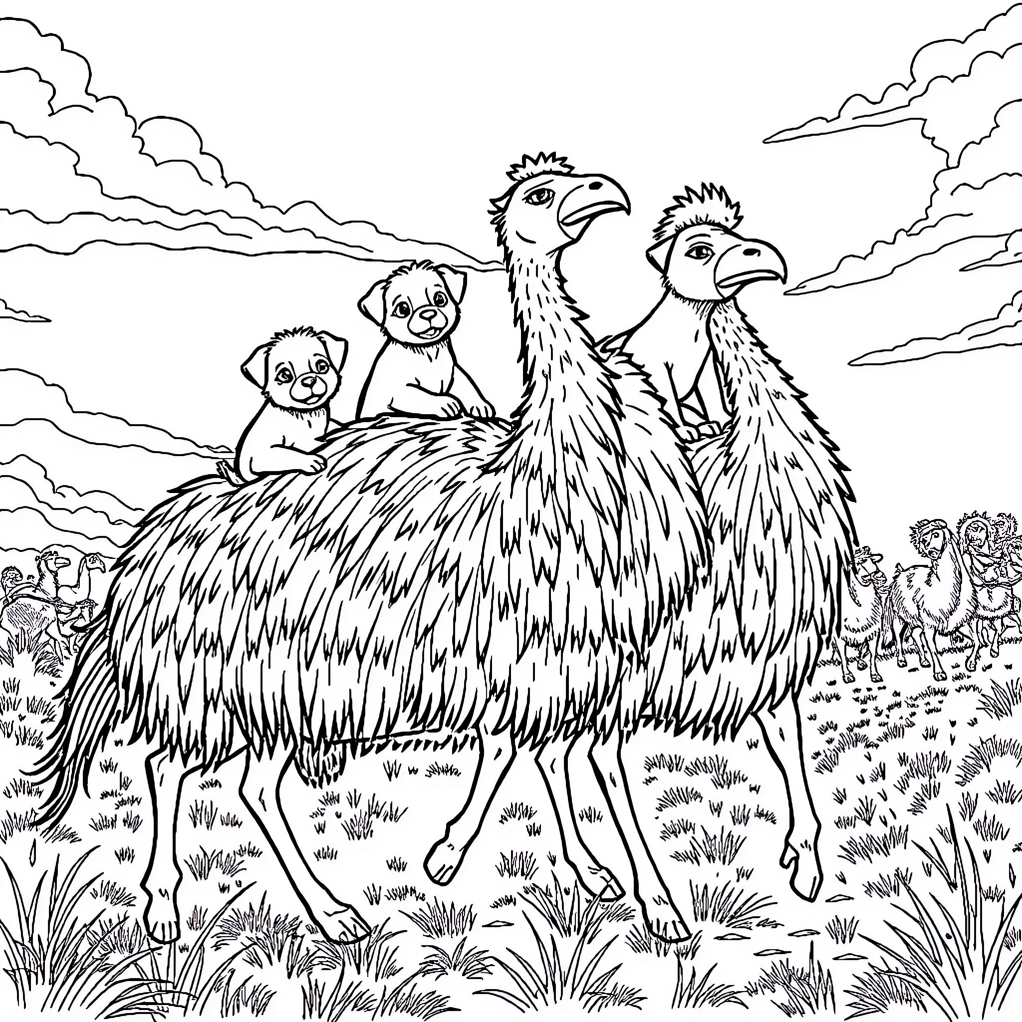 Puppy and chicks sharing an adventure outdoors Coloring Page (free black-and-white line drawing printable PDF for all, from beginners to advanced learners, including children, teens, adults, and seniors)