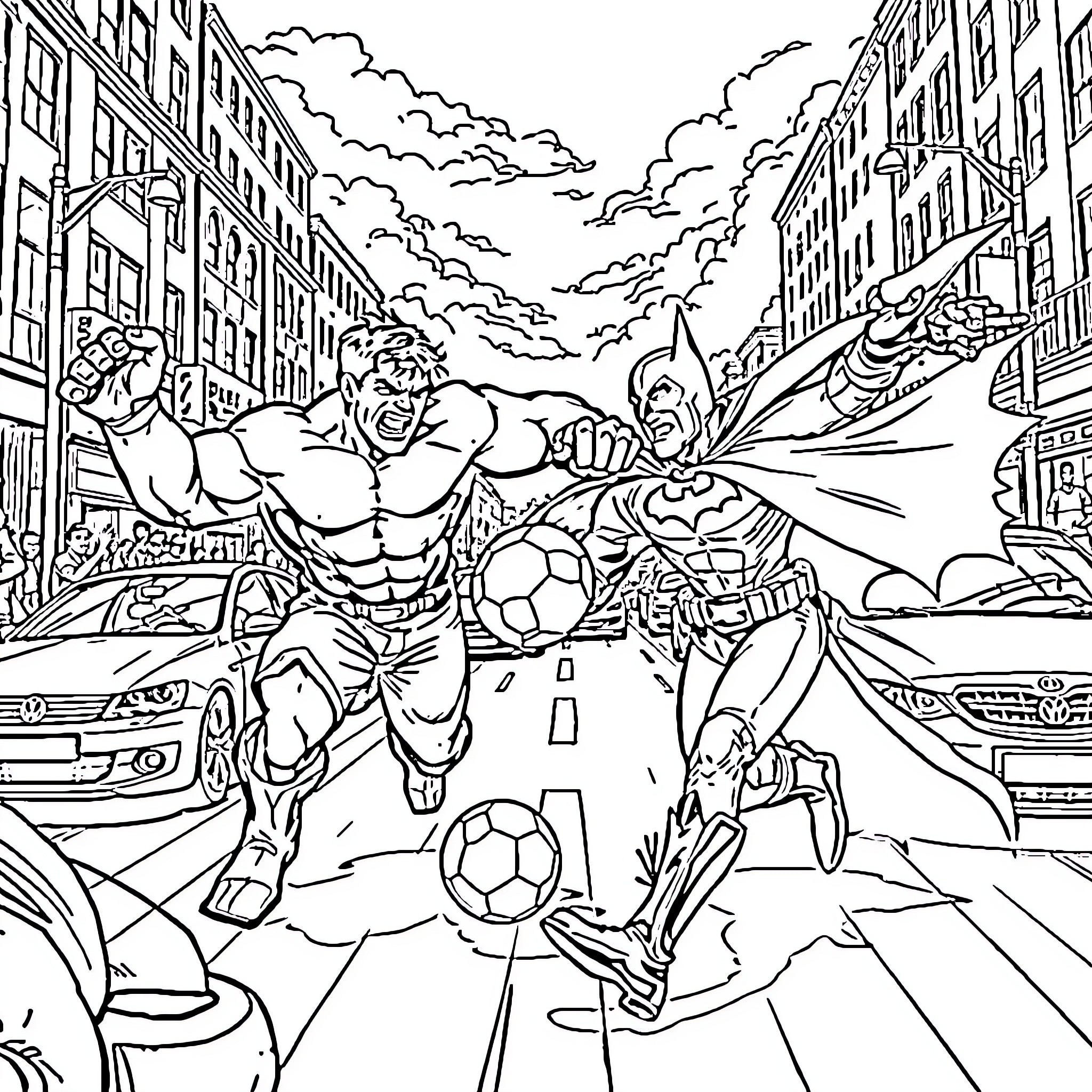 Hulk and Batman Clash in a City Street Coloring Page (free black-and-white line drawing printable PDF for all, from beginners to advanced learners, including children, teens, adults, and seniors)