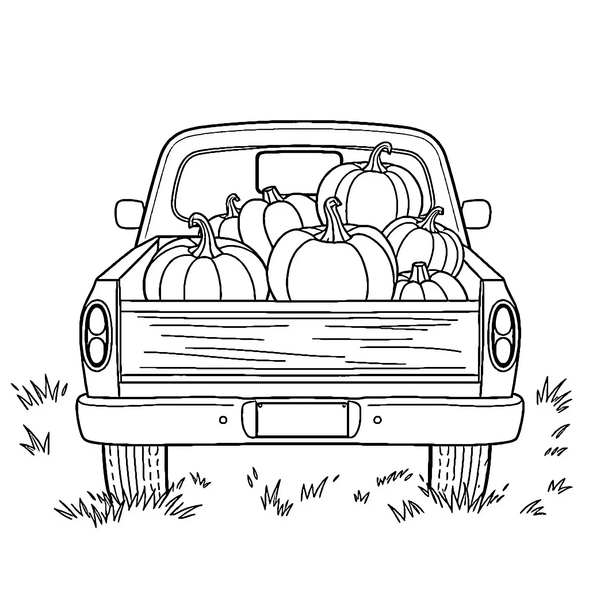 Truck full of pumpkins in the countryside Coloring Page (free black-and-white line drawing printable PDF for all, from beginners to advanced learners, including children, teens, adults, and seniors)