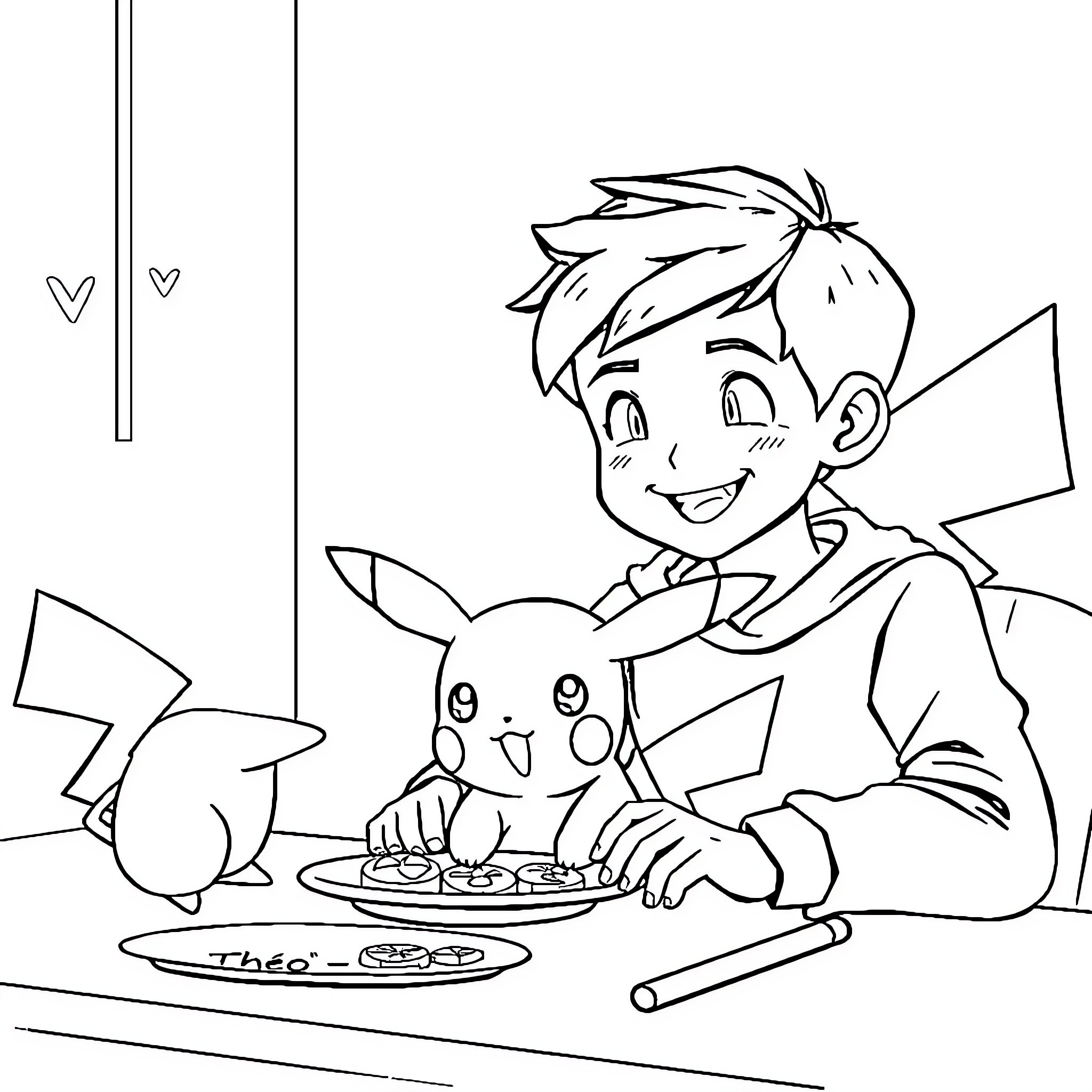 Boy sharing meal with Pokémon companion Coloring Page (free black-and-white line drawing printable PDF for all, from beginners to advanced learners, including children, teens, adults, and seniors)