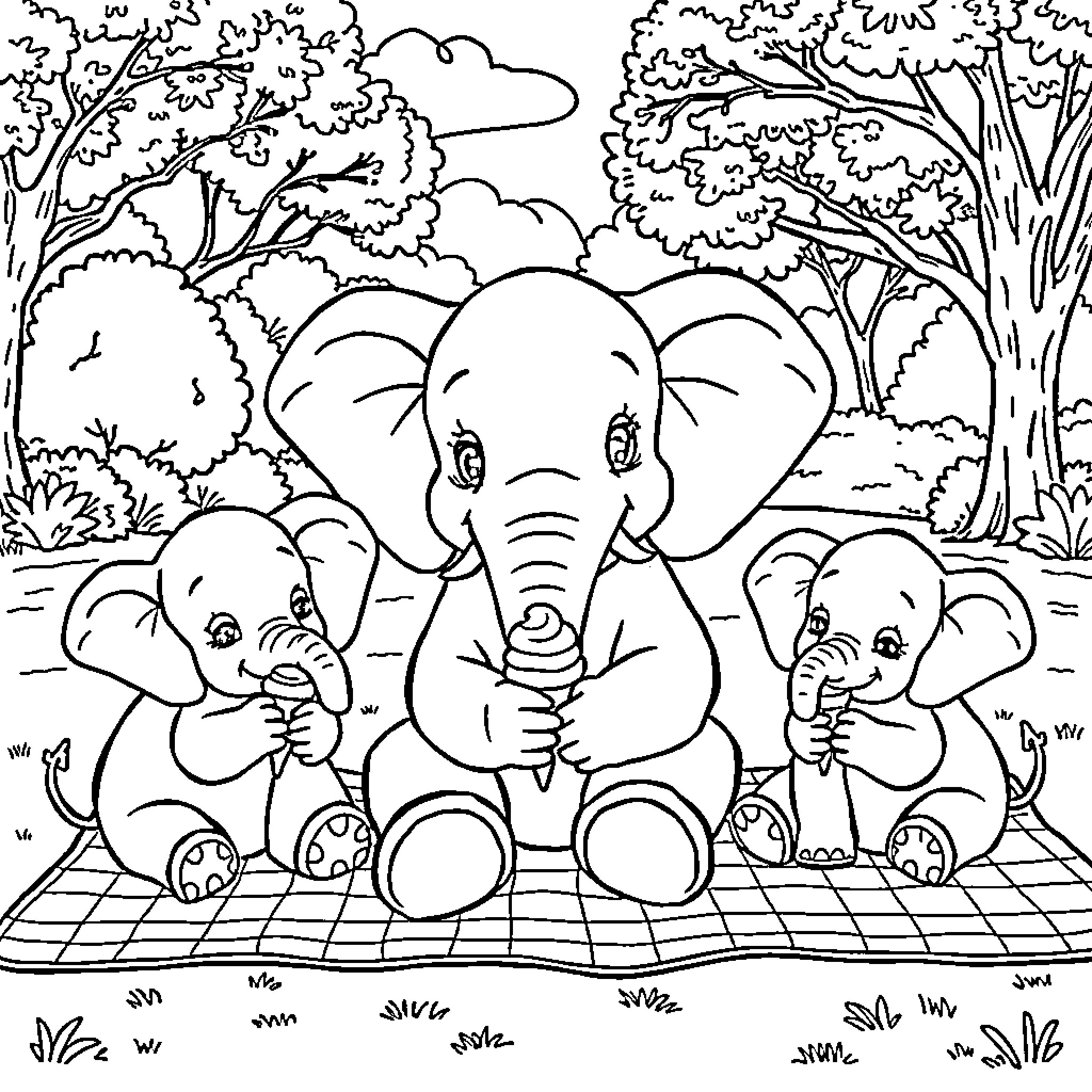 Elephant family enjoying a picnic in the forest Coloring Page (free black-and-white line drawing printable PDF for all, from beginners to advanced learners, including children, teens, adults, and seniors)